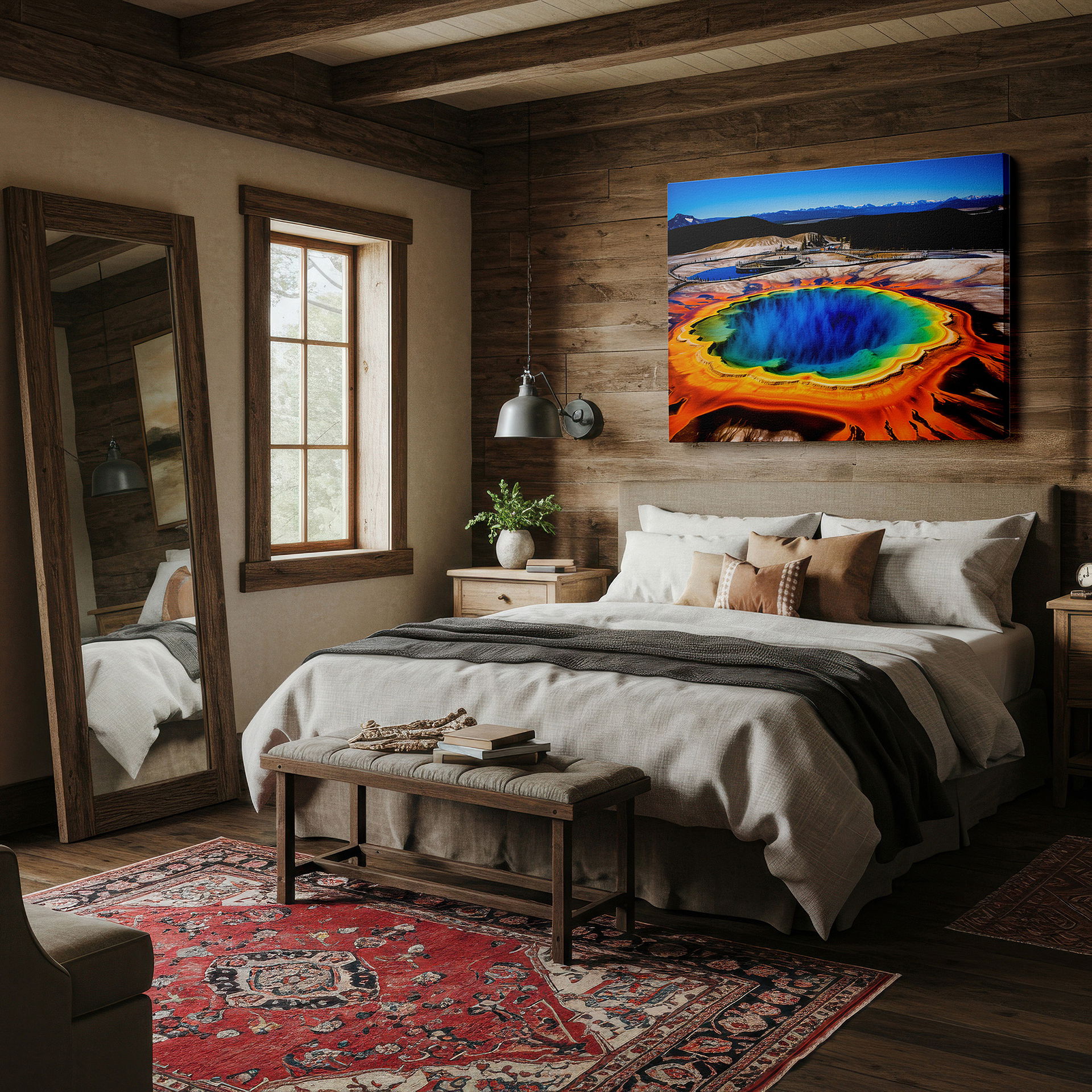 Close-up shows rich pigment, color blending, and brushwork texture — grand prismatic spring aerial view: yellowstone's colorful natural palette - large canvas wall art for home and office decor