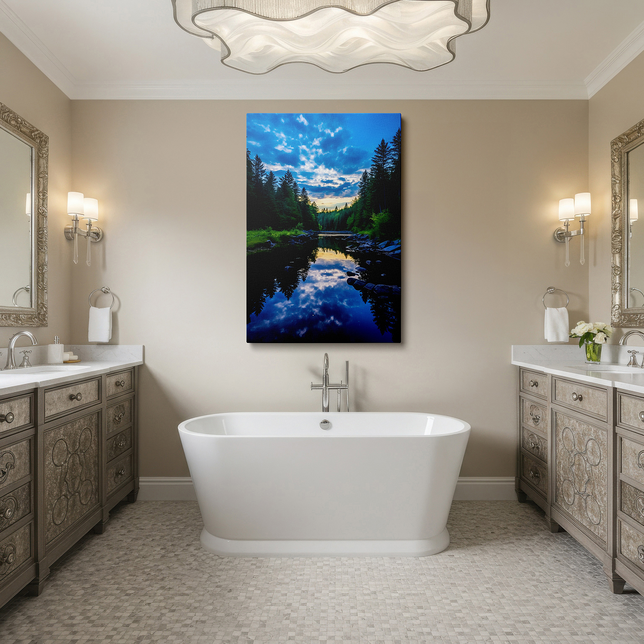 Close-up shows rich pigment, color blending, and brushwork texture — lakeside serenity: a vibrant nature symphony - large canvas wall art for living room, bedroom, or office decor