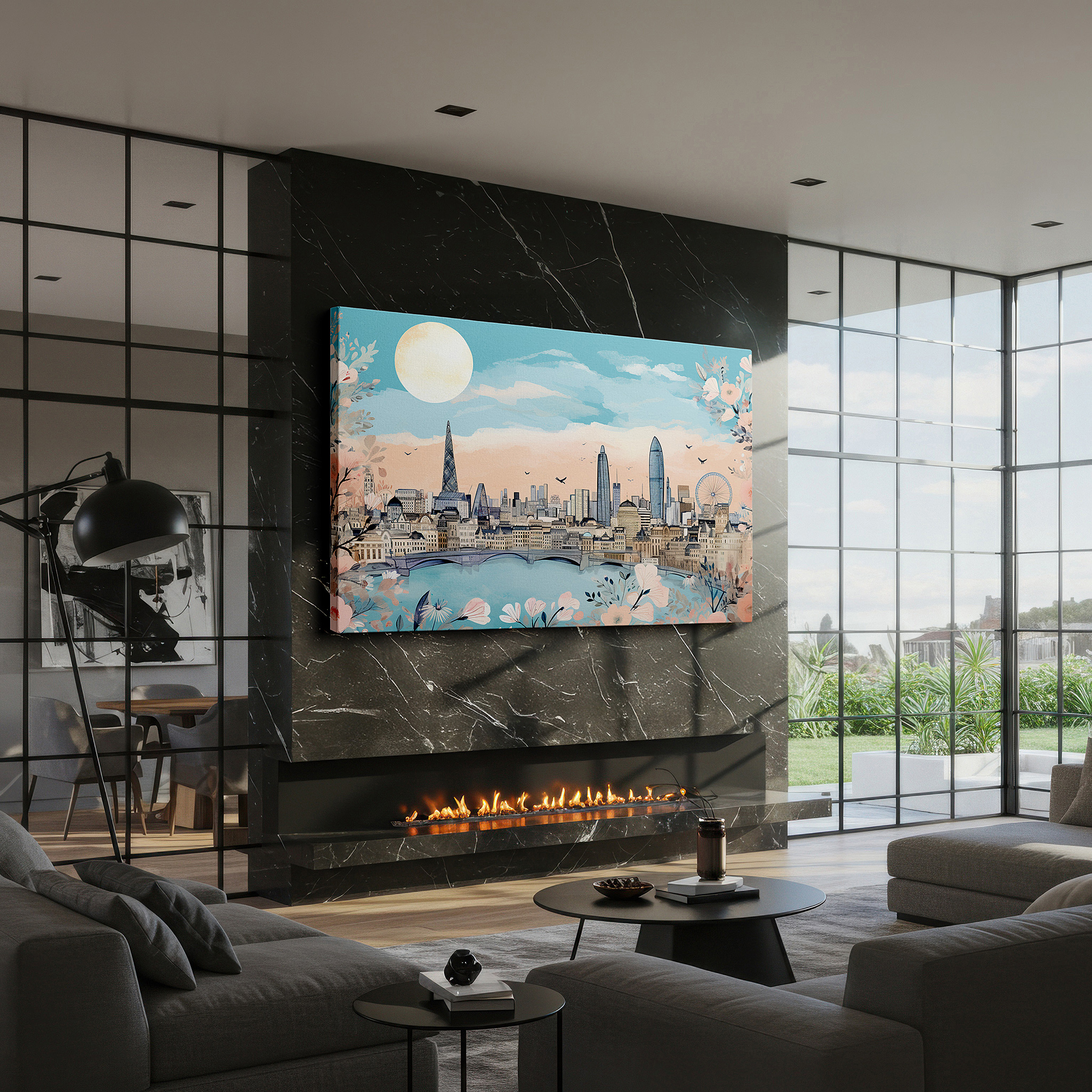 Close-up shows rich pigment, color blending, and brushwork texture — london's skyline and nature's charm: a perfect fusion of urban splendor and botanical peace - large wall art, canvas wall art, wall decor