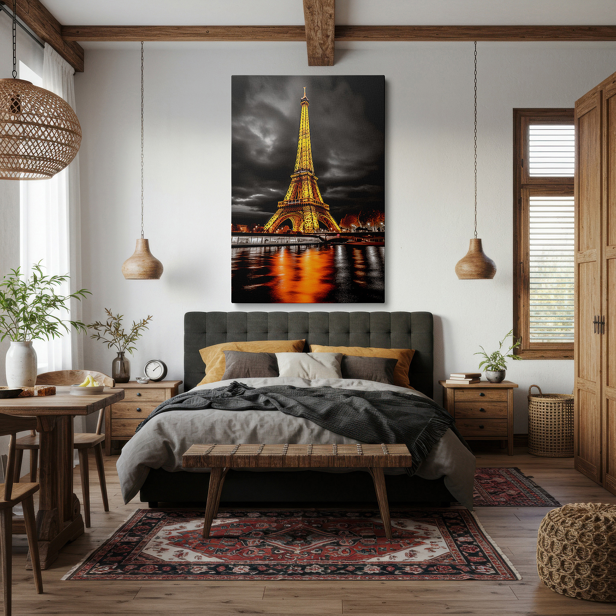 Close-up shows rich pigment, color blending, and brushwork texture — magical paris night sky and golden eiffel tower large canvas wall art for bedroom and office decor