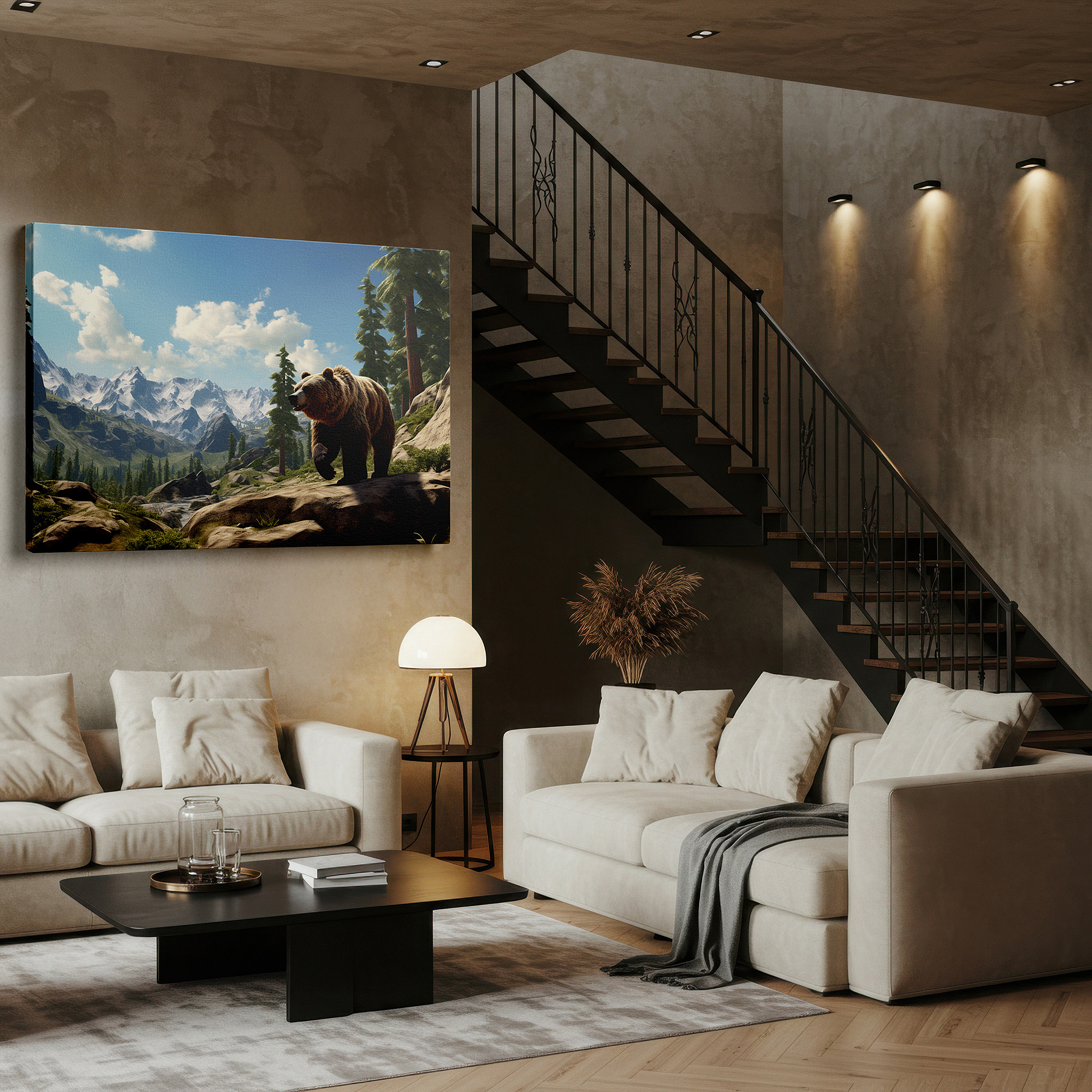 Close-up shows rich pigment, color blending, and brushwork texture — majestic bear amidst scenic mountain vistas - celebrating wild natural beauty, large canvas wall art decor