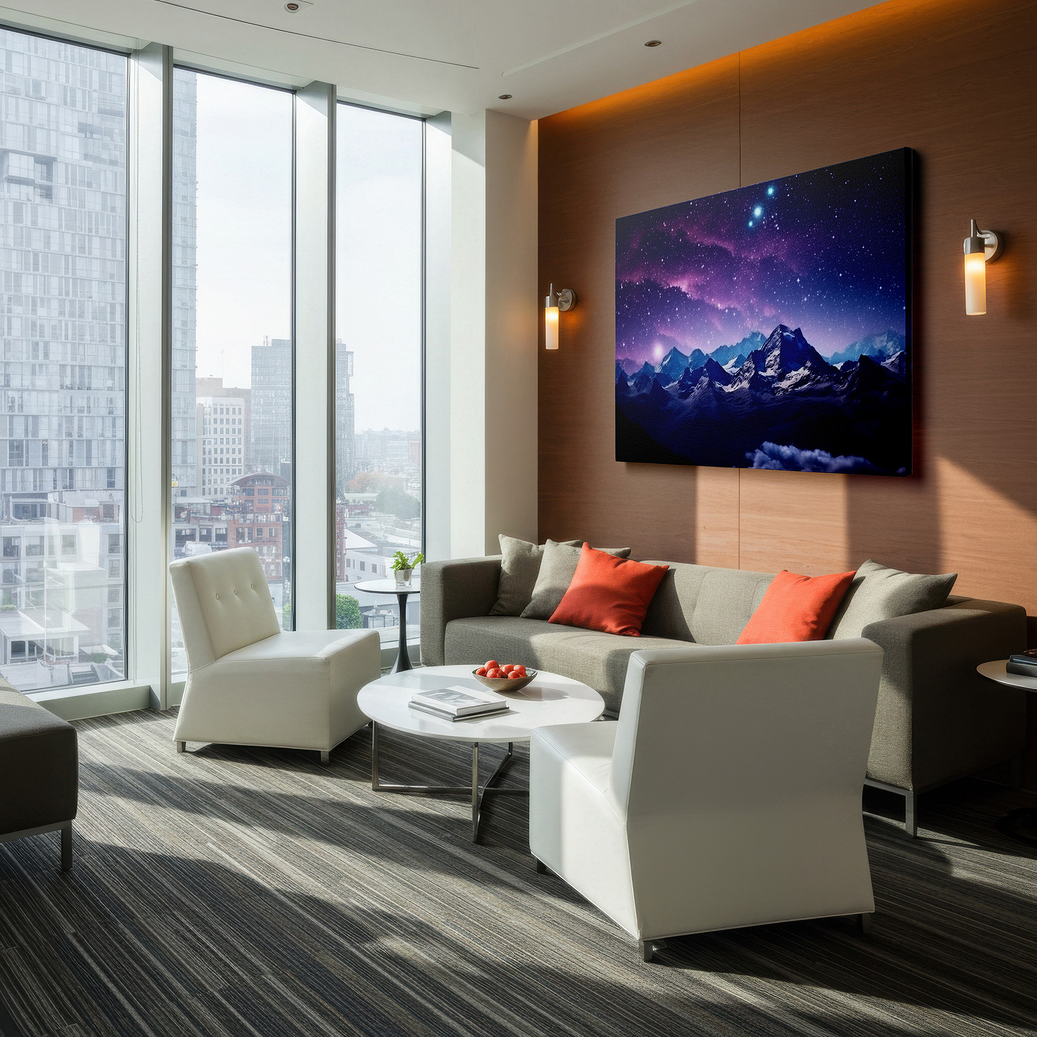 Close-up shows rich pigment, color blending, and brushwork texture — majestic mountains beneath a cosmic sky: a celestial play of light and shadow - large canvas wall art for office decor