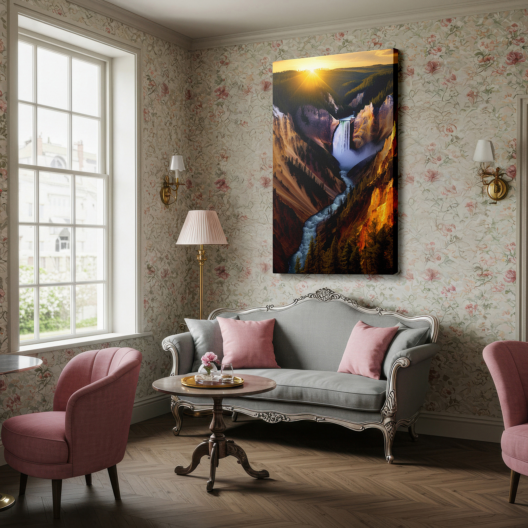 Close-up shows rich pigment, color blending, and brushwork texture — majestic waterfall at sunset canvas print - ideal for office, living room, or bedroom wall decor