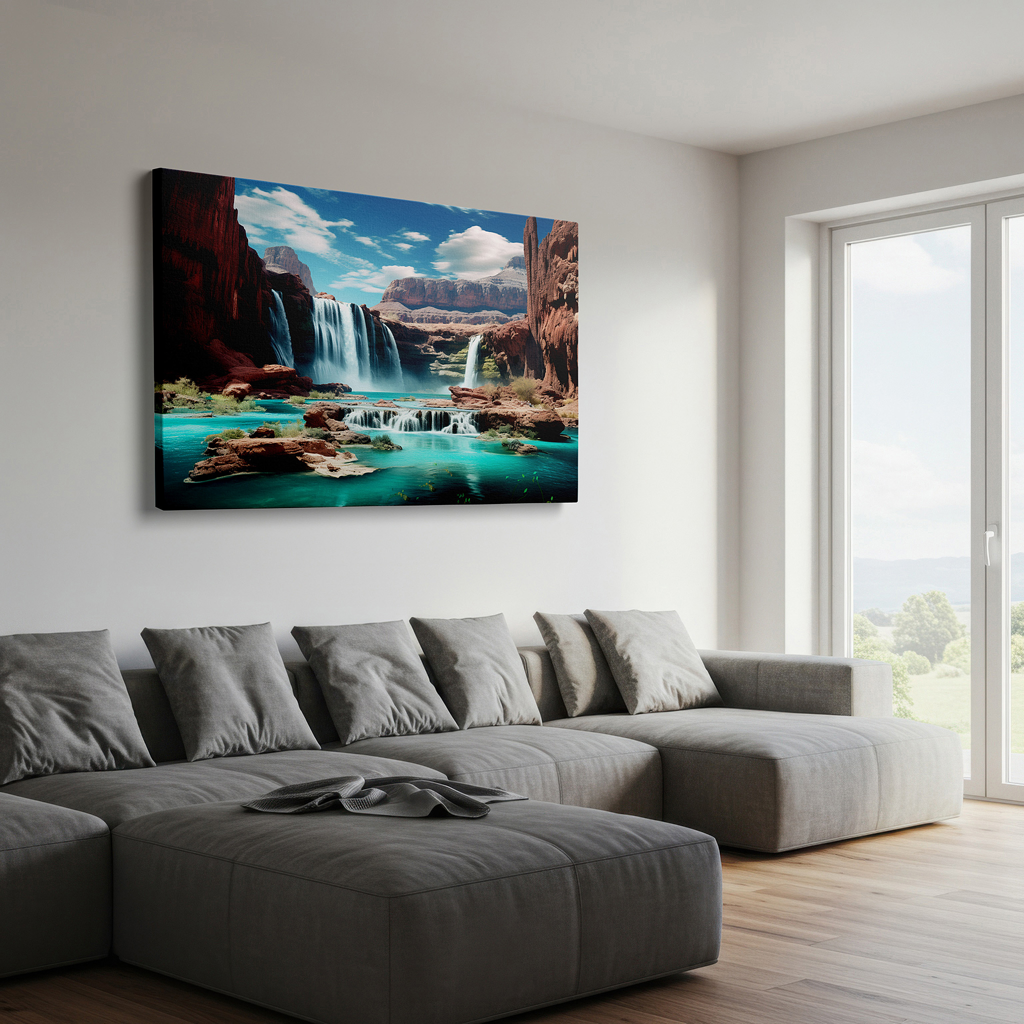 Close-up shows rich pigment, color blending, and brushwork texture — majestic waterfalls and turquoise pool surrounded by lush greenery and rugged cliffs large wall art, canvas wall art, wall decor for office and bedroom