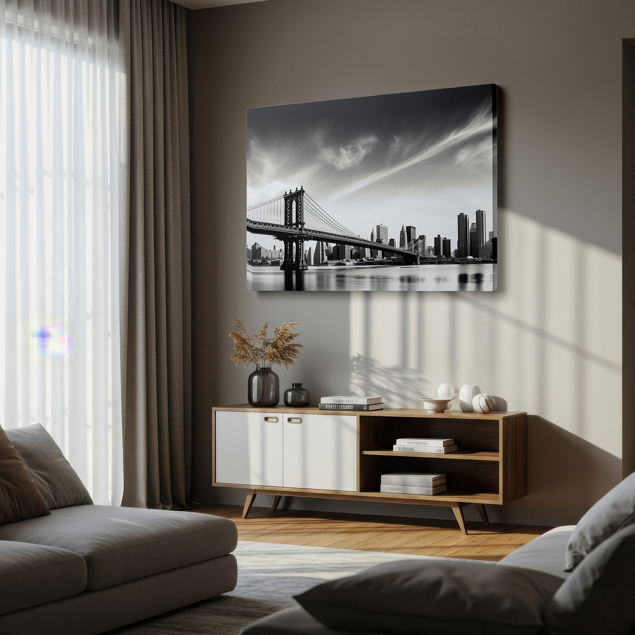 Close-up shows rich pigment, color blending, and brushwork texture — manhattan bridge and nyc skyline wall art - a monochrome tribute to urban elegance and architectural mastery, large canvas wall art