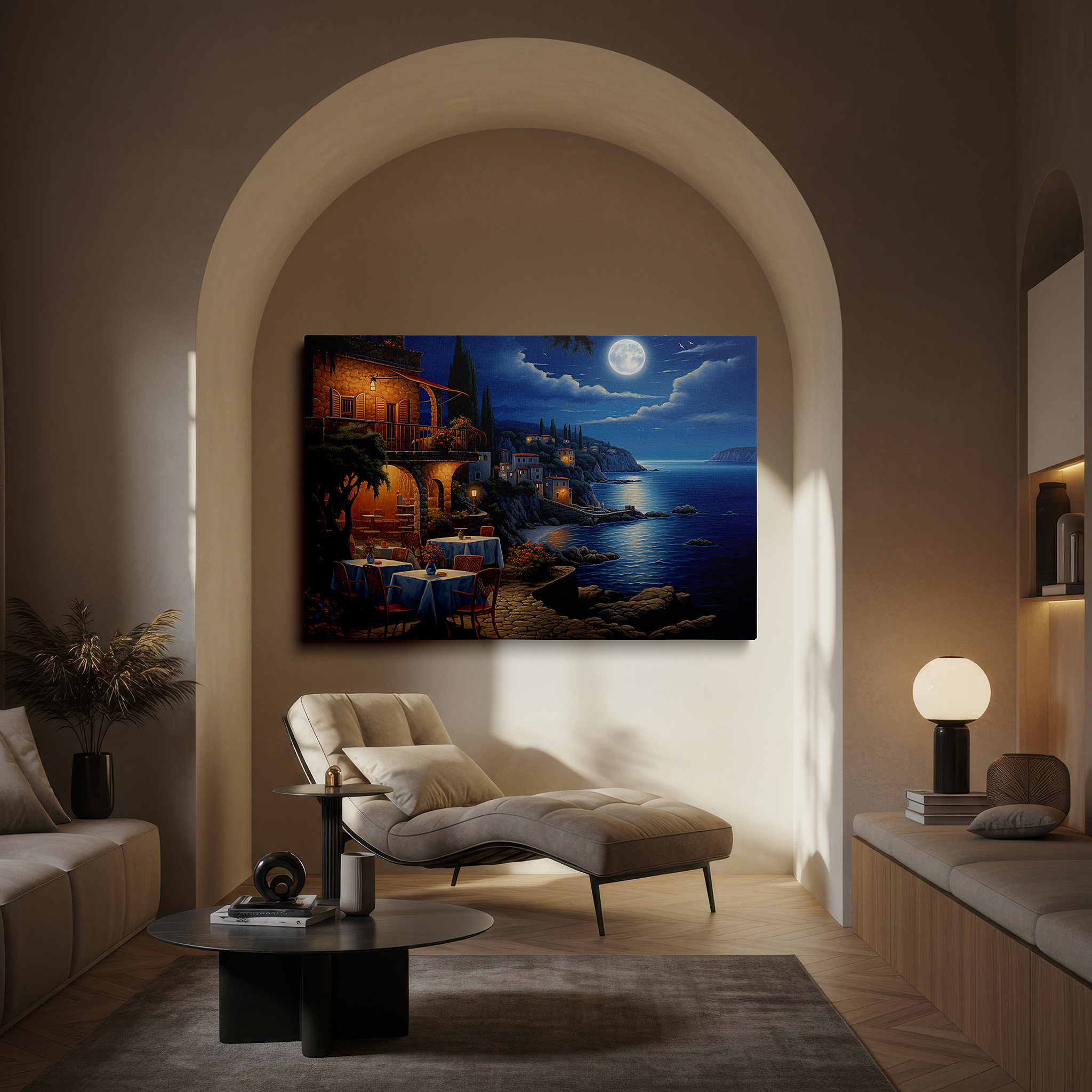 Close-up shows rich pigment, color blending, and brushwork texture — moonlit coastal dining under a bright moon - serene seaside escape large wall art, canvas wall art, wall decor for office and bedroom