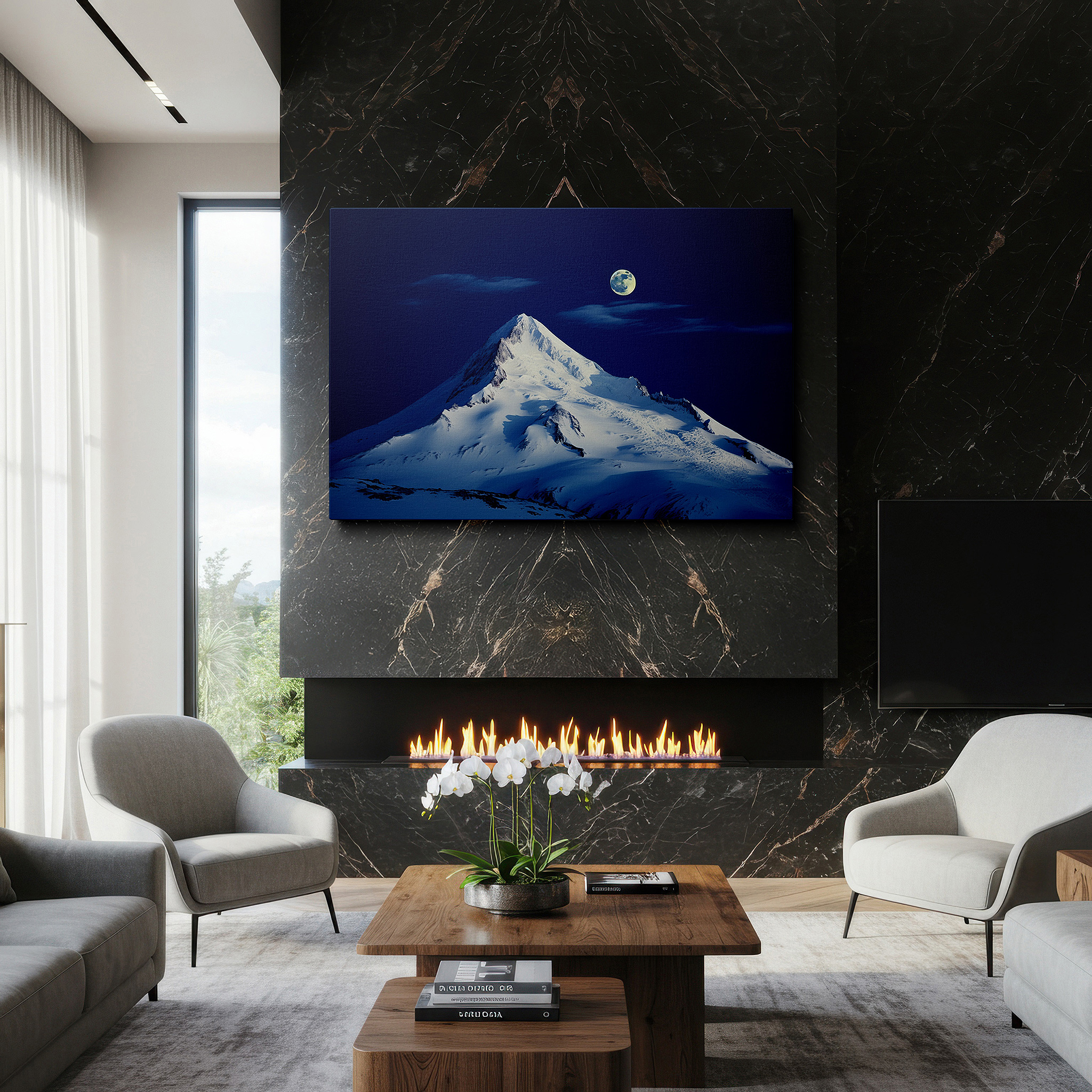 Close-up shows rich pigment, color blending, and brushwork texture — moonlit majestic mountain peak with starry sky, serene wilderness large canvas wall art for office decor