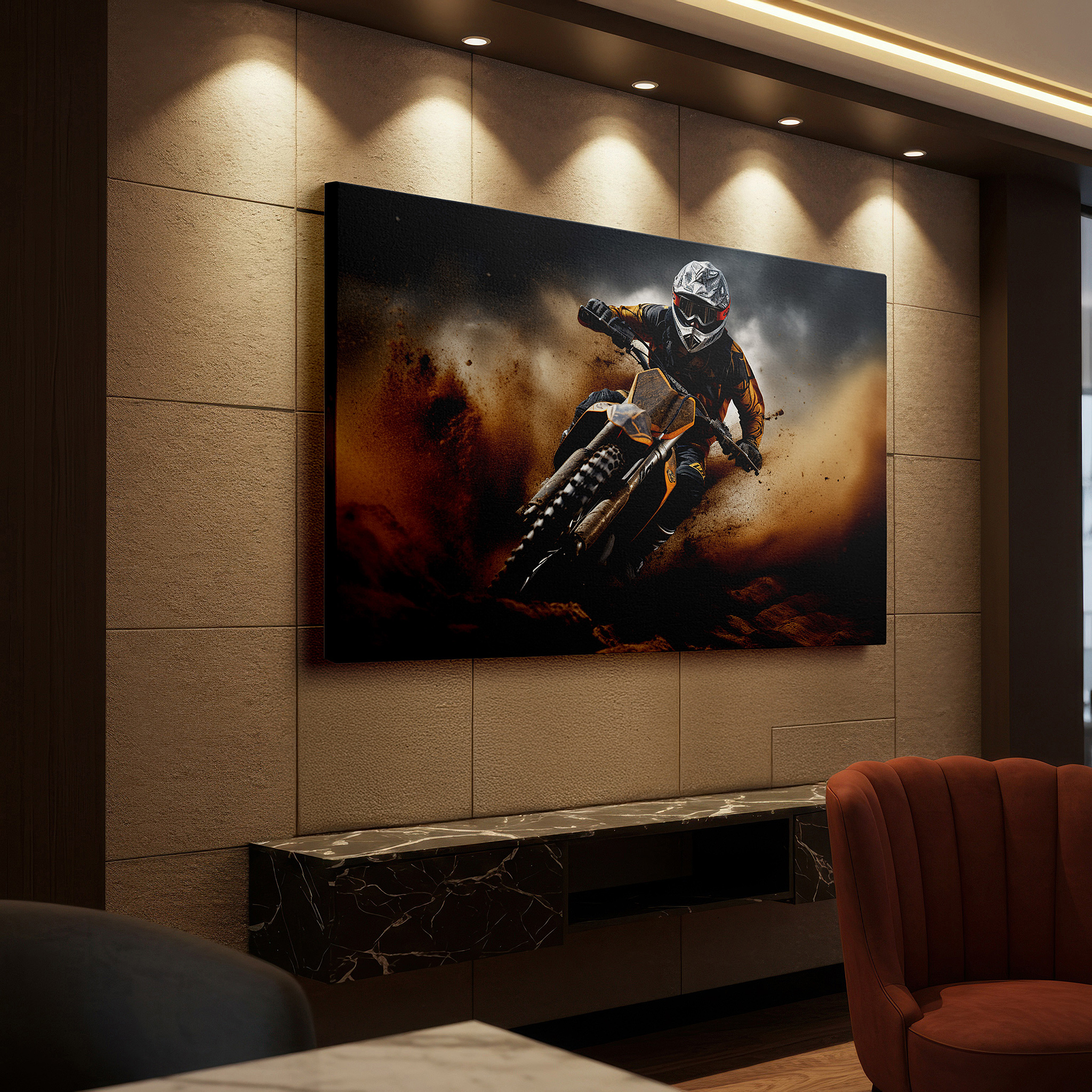 Close-up shows rich pigment, color blending, and brushwork texture — motocross mastery wall art: large canvas depicting high-flying action amidst dust and drama under a spacious sky, perfect for office or bedroom decor
