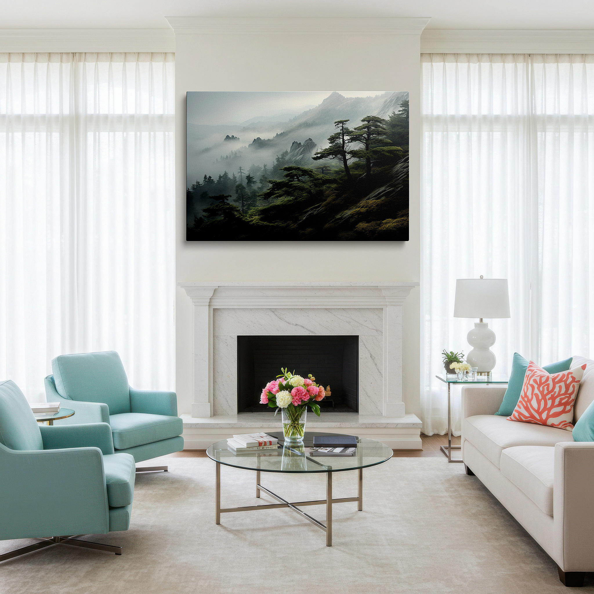 Close-up shows rich pigment, color blending, and brushwork texture — mystical mountain landscape in mist wall art: serene wilderness masterpiece for large canvas decor, ideal for office and bedroom