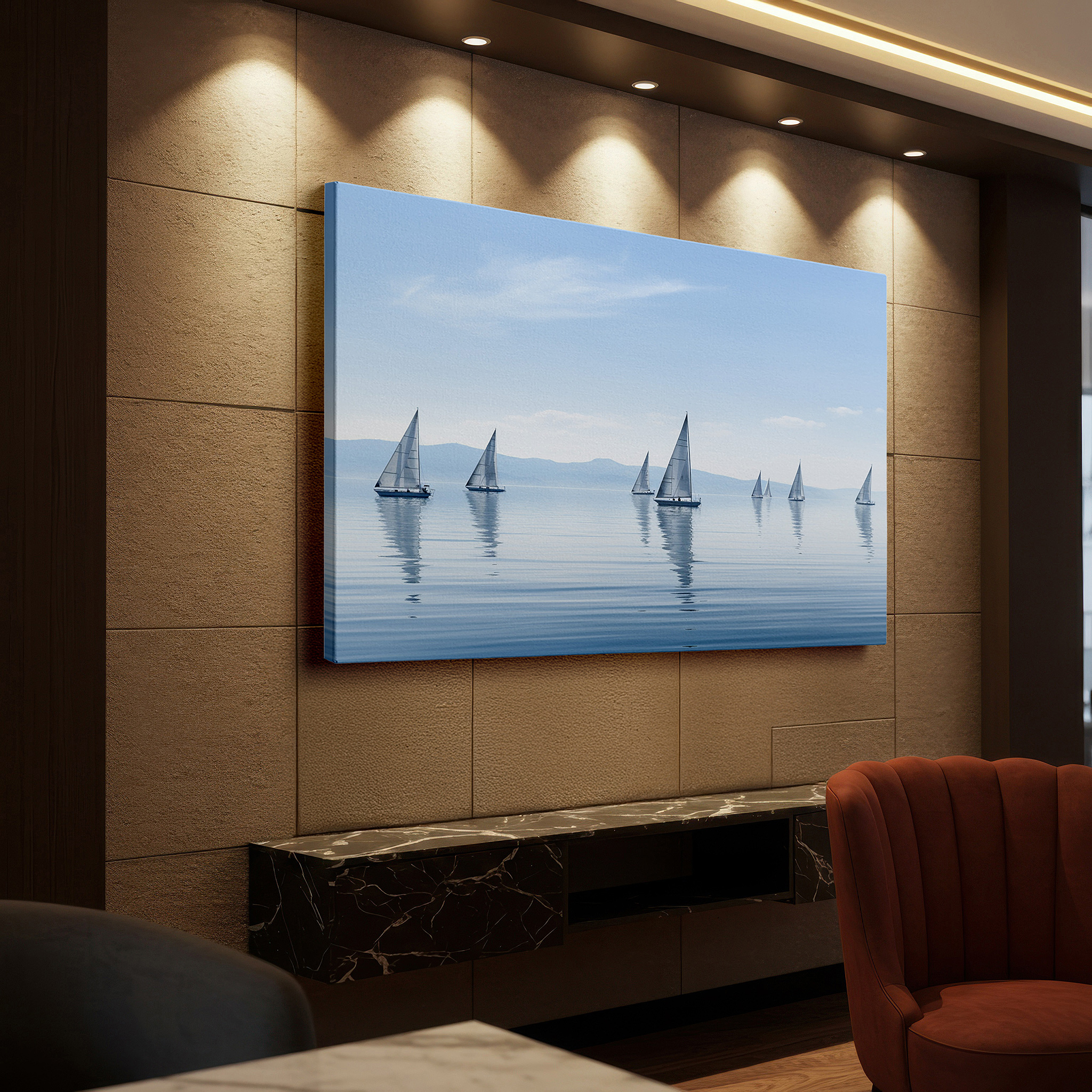 Close-up shows rich pigment, color blending, and brushwork texture — nautical wall art: serene sailboat scene under a vast blue sky - large canvas art for office and bedroom decor