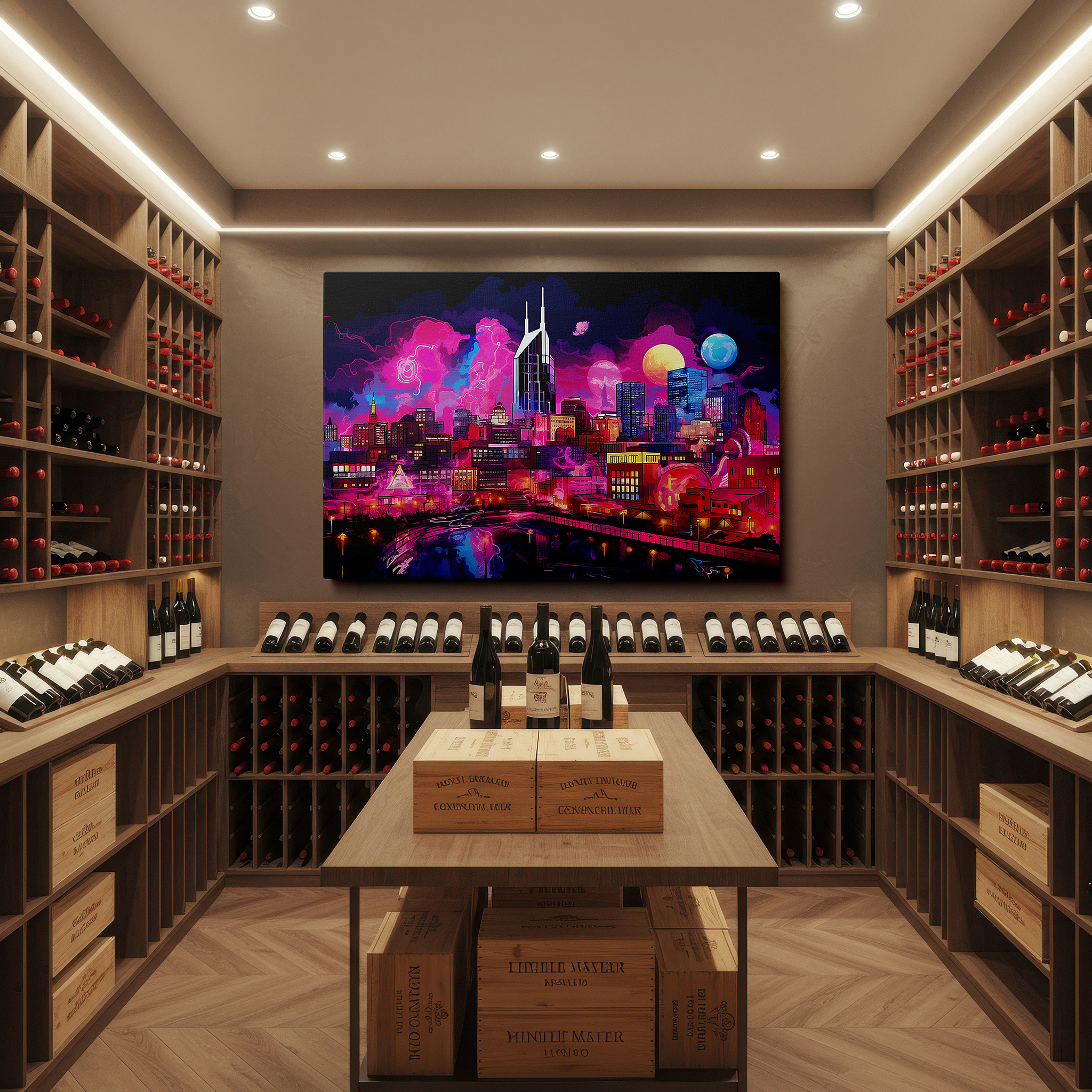 Close-up shows rich pigment, color blending, and brushwork texture — neon brilliance: cosmic mysteries and futuristic cityscapes in large wall art for offices, bedrooms, and living spaces