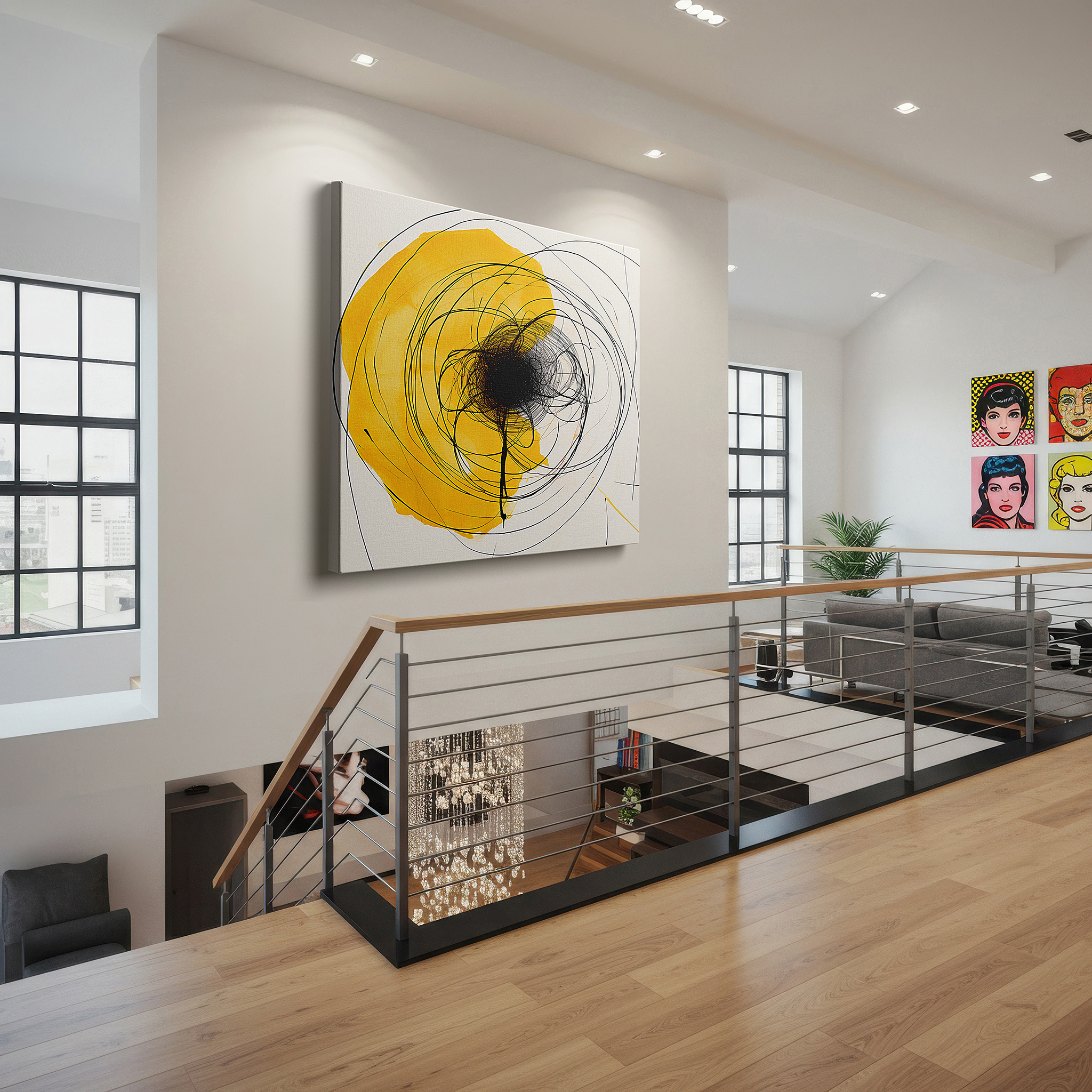 Close-up shows rich pigment, color blending, and brushwork texture — radiant yellow spiral chaos and creativity large canvas wall art for office and bedroom decor