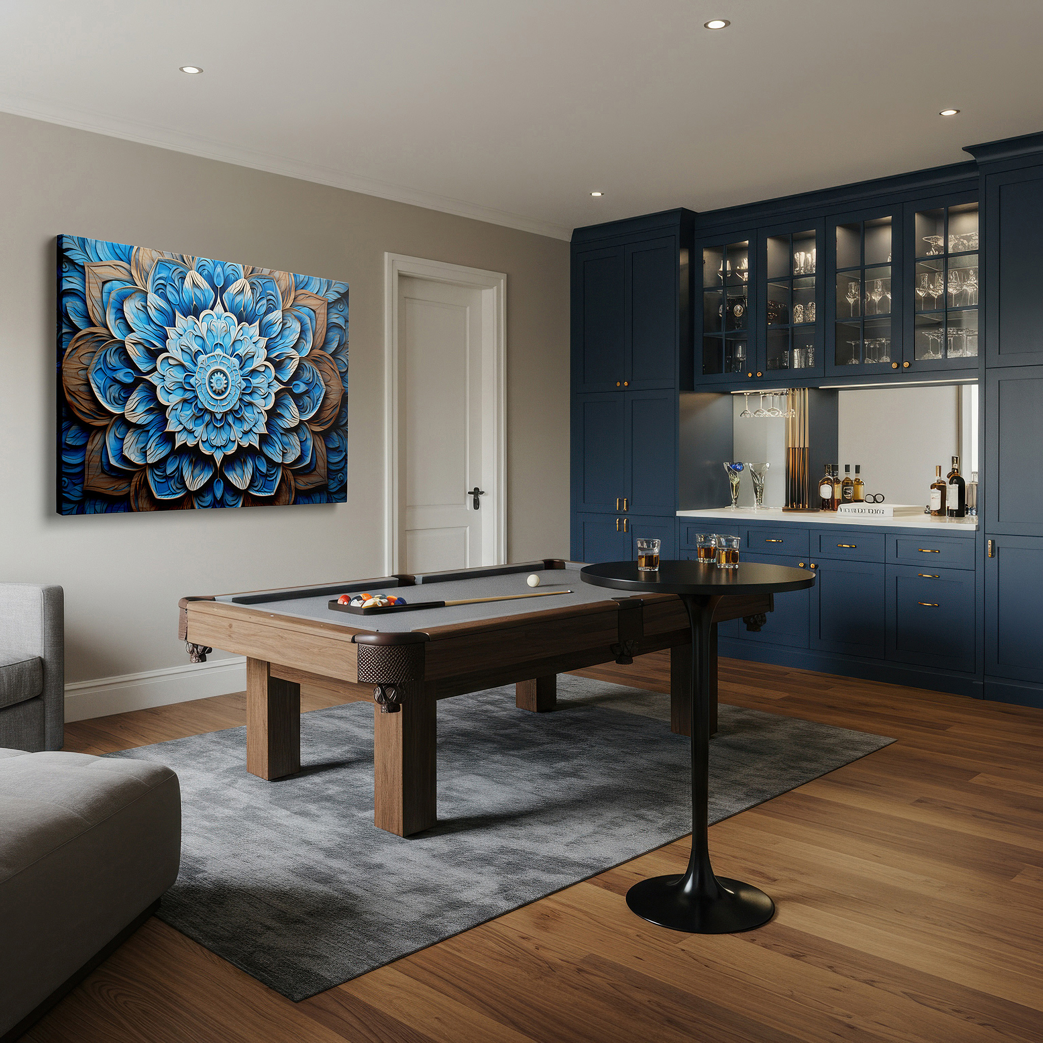Close-up shows rich pigment, color blending, and brushwork texture — serene blue floral wood carving wall art: a tranquil harmony in artistic craftsmanship - large canvas wall decor for office and bedroom