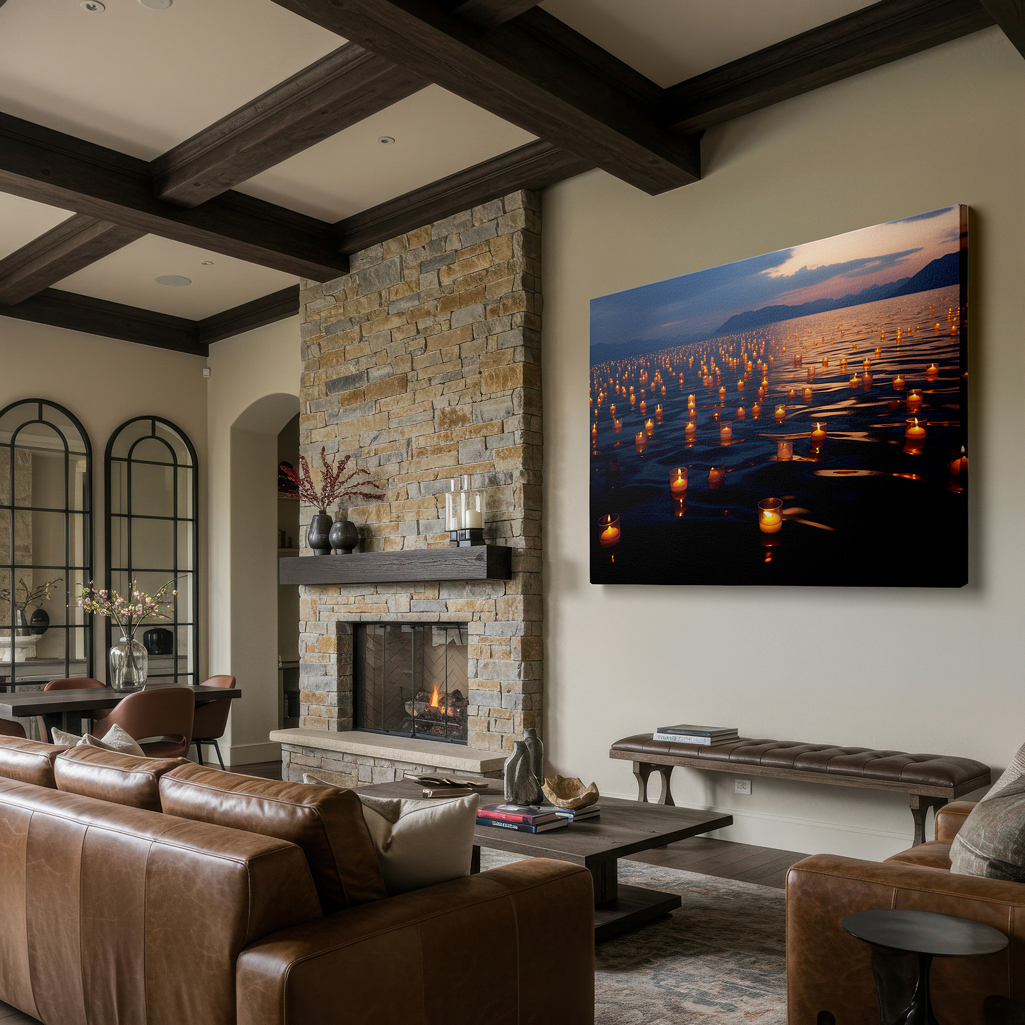 Close-up shows rich pigment, color blending, and brushwork texture — serene candles on a tranquil lake at dusk - a haven of peace and reflection large wall art, canvas wall art, wall decor, office wall art, bedroom wall art
