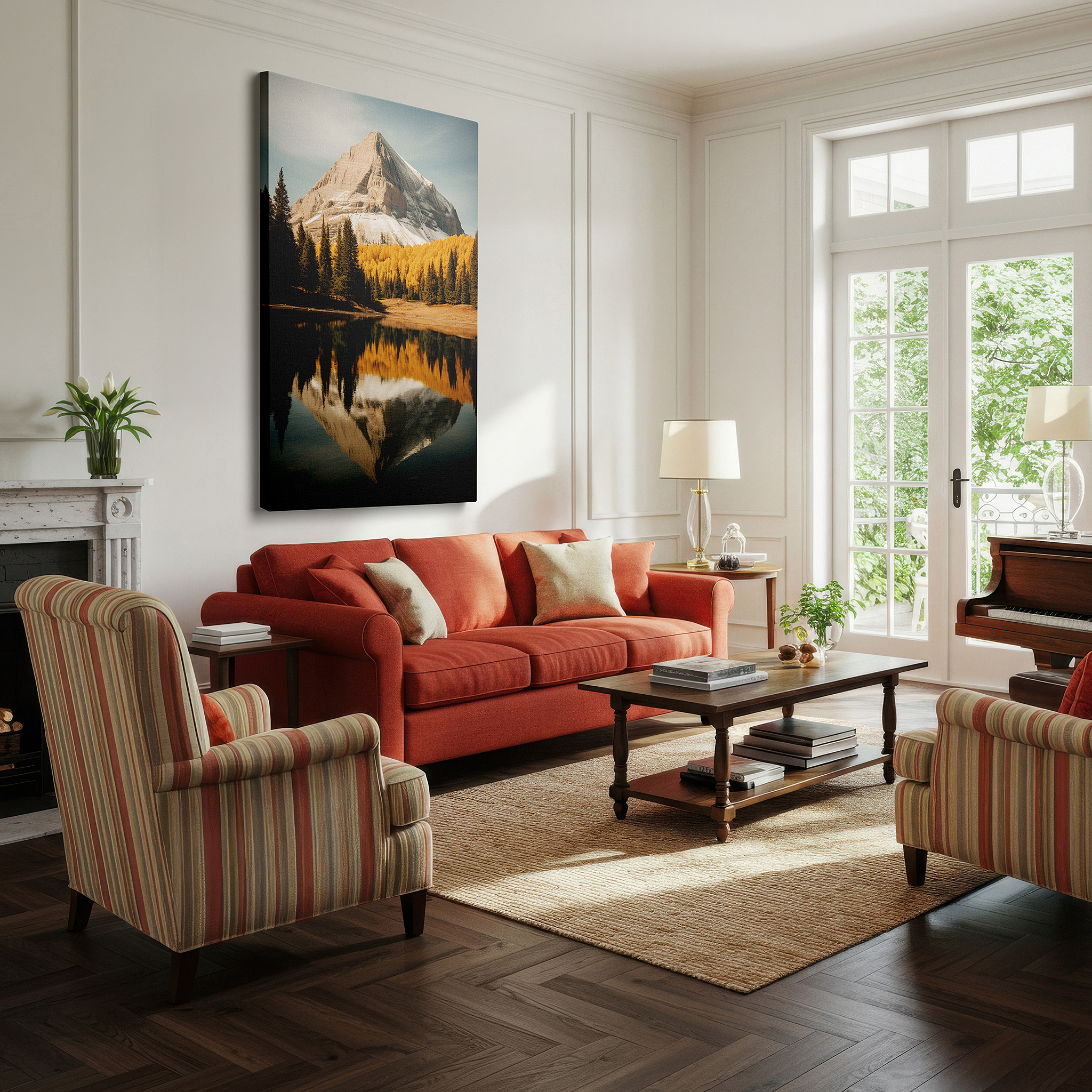 Close-up shows rich pigment, color blending, and brushwork texture — serene cliffside mountain and tranquil lake autumn scene large wall art, canvas wall decor for office and bedroom