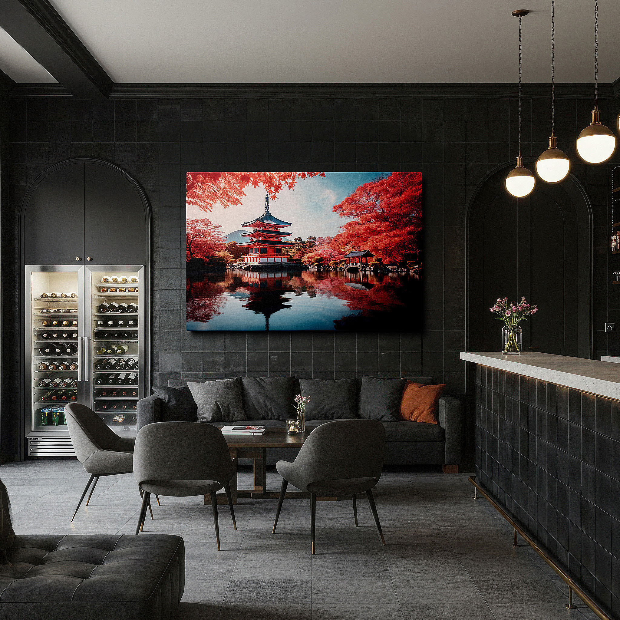 Close-up shows rich pigment, color blending, and brushwork texture — serene japanese pagoda surrounded by autumn leaves, peaceful reflections on calm water large wall art, canvas wall art, wall decor for office