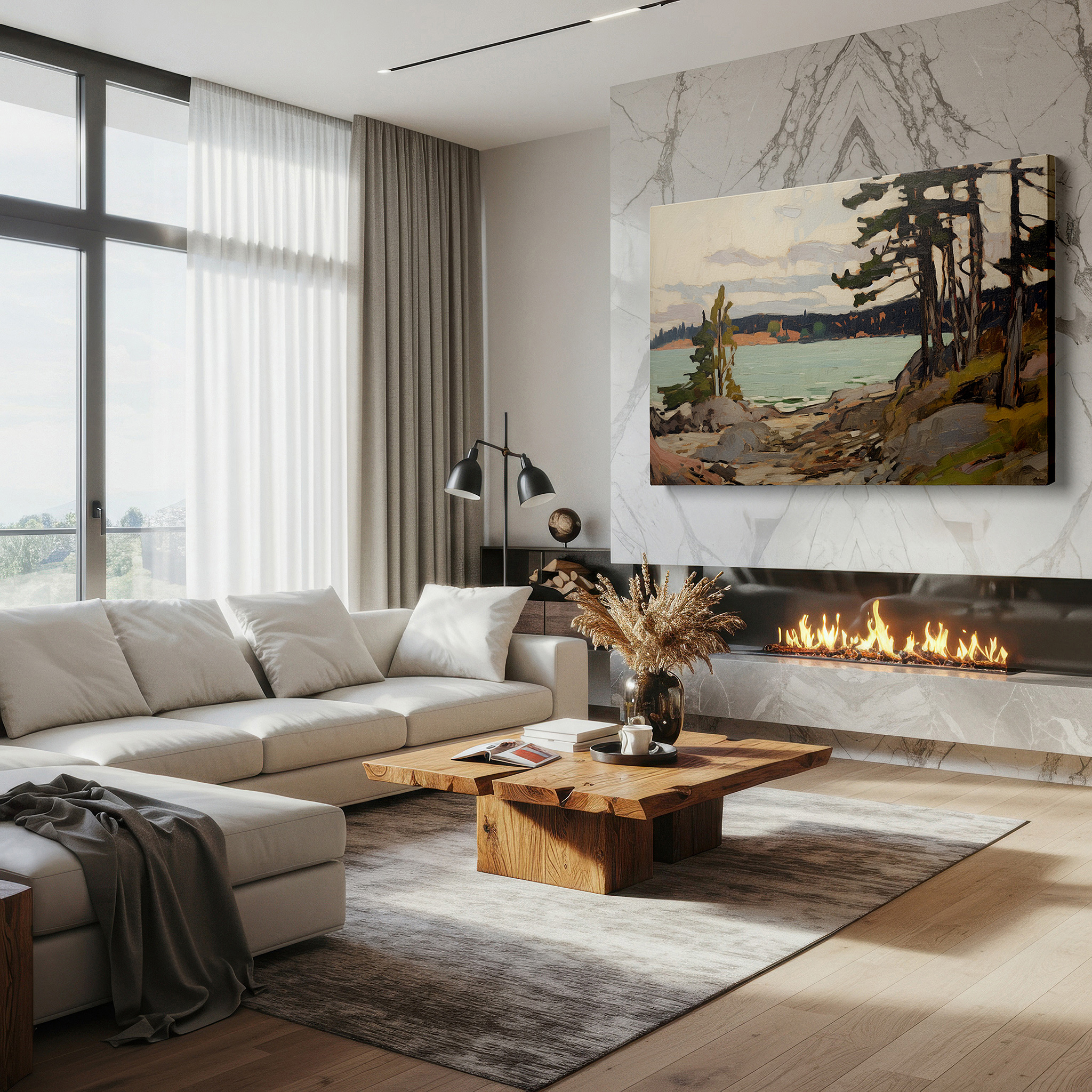 Close-up shows rich pigment, color blending, and brushwork texture — serene lakeside reflections in soft dawn hues, tranquil masterpiece for peaceful contemplation - large wall art, canvas wall art, wall decor