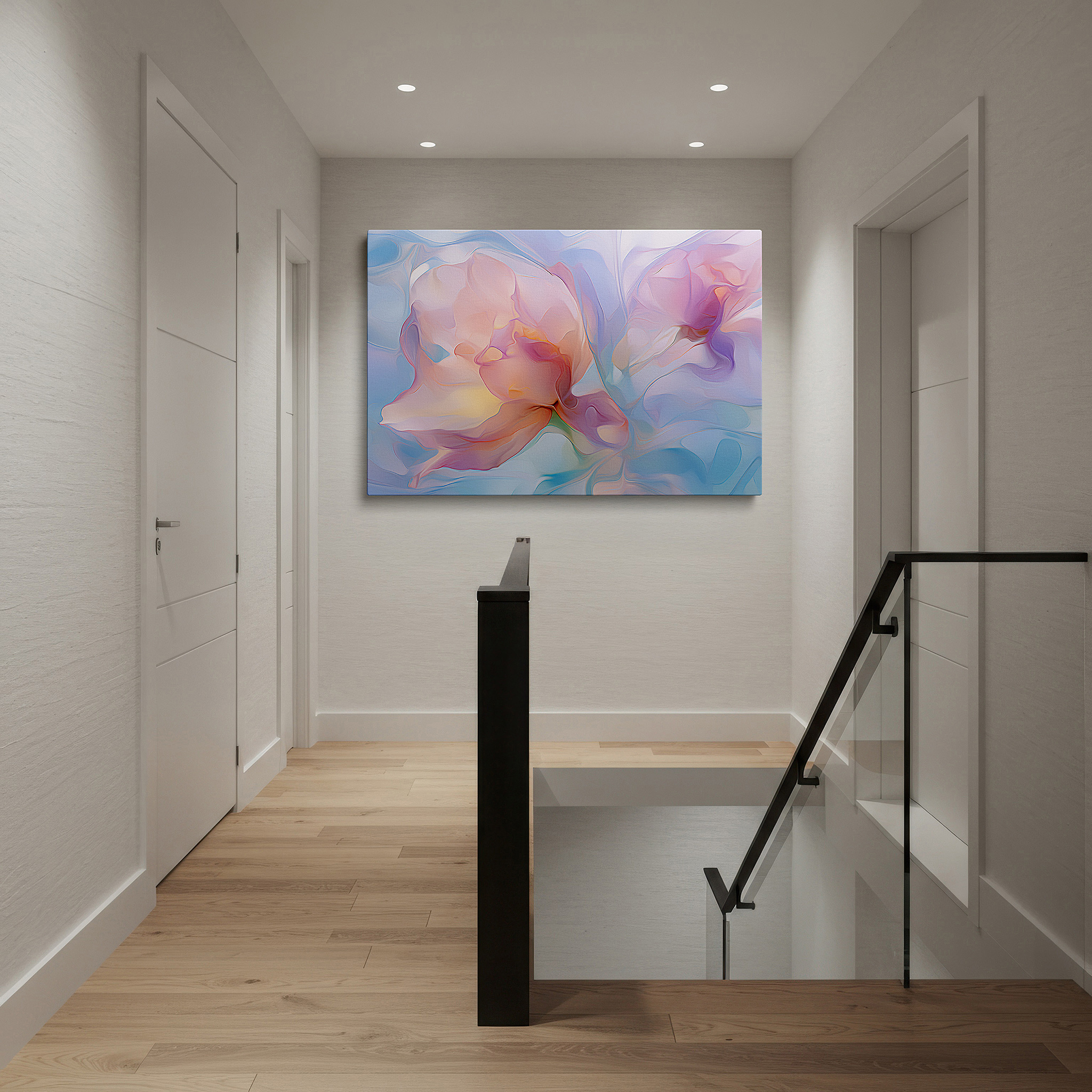 Close-up shows rich pigment, color blending, and brushwork texture — a serene symphony of pastel blooms: large canvas wall art for bedrooms and offices, featuring tranquil hues