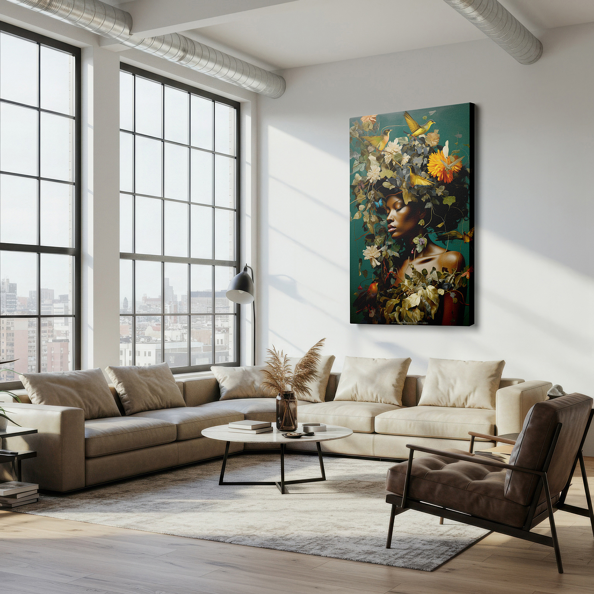 Close-up shows rich pigment, color blending, and brushwork texture — serene woman with floral crown and birds: a symphony of nature and humanity - large canvas wall art for home and office decor