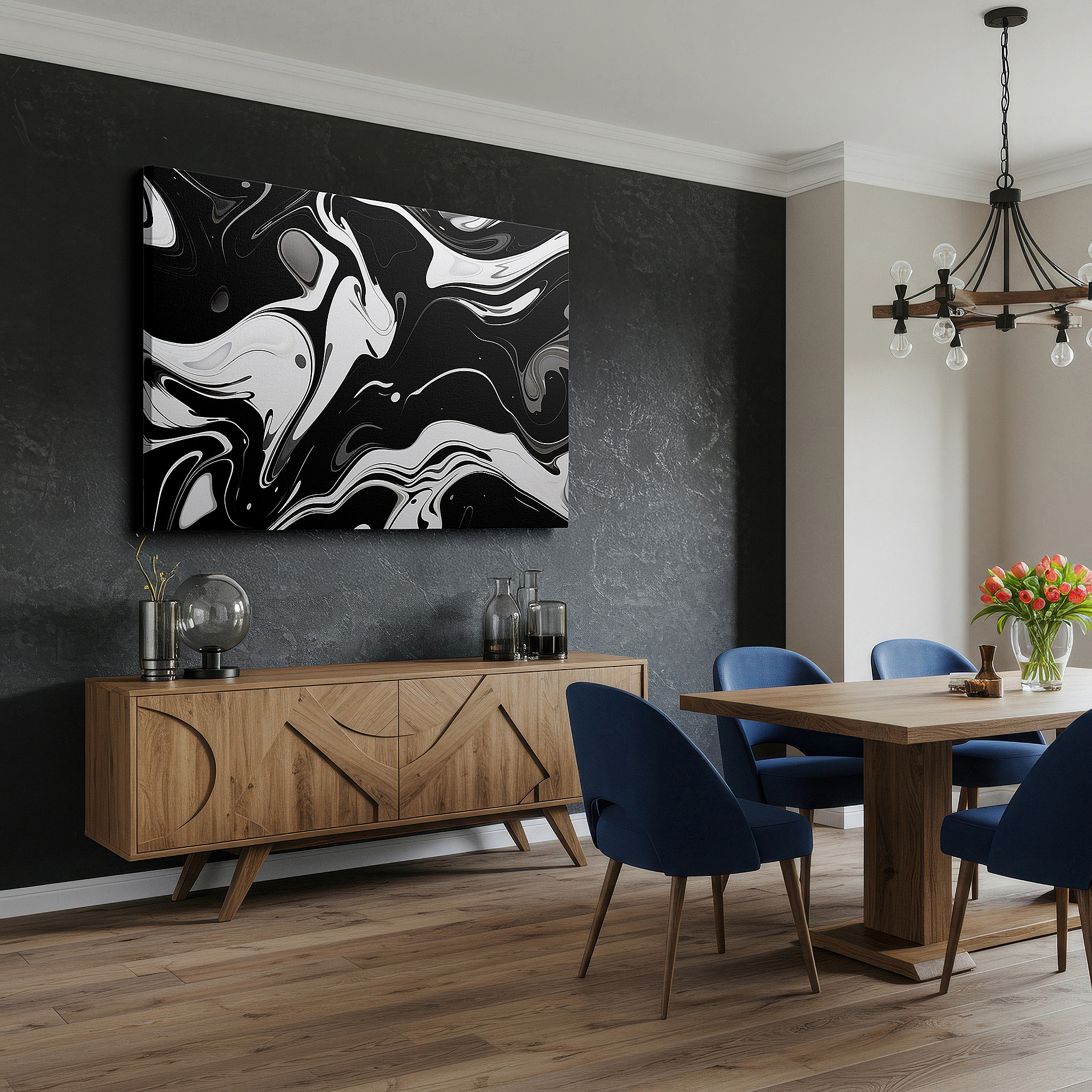 Close-up shows rich pigment, color blending, and brushwork texture — stunning black and white marble abstract: ideal for modern spaces, large canvas wall art for living rooms, offices, and bedrooms