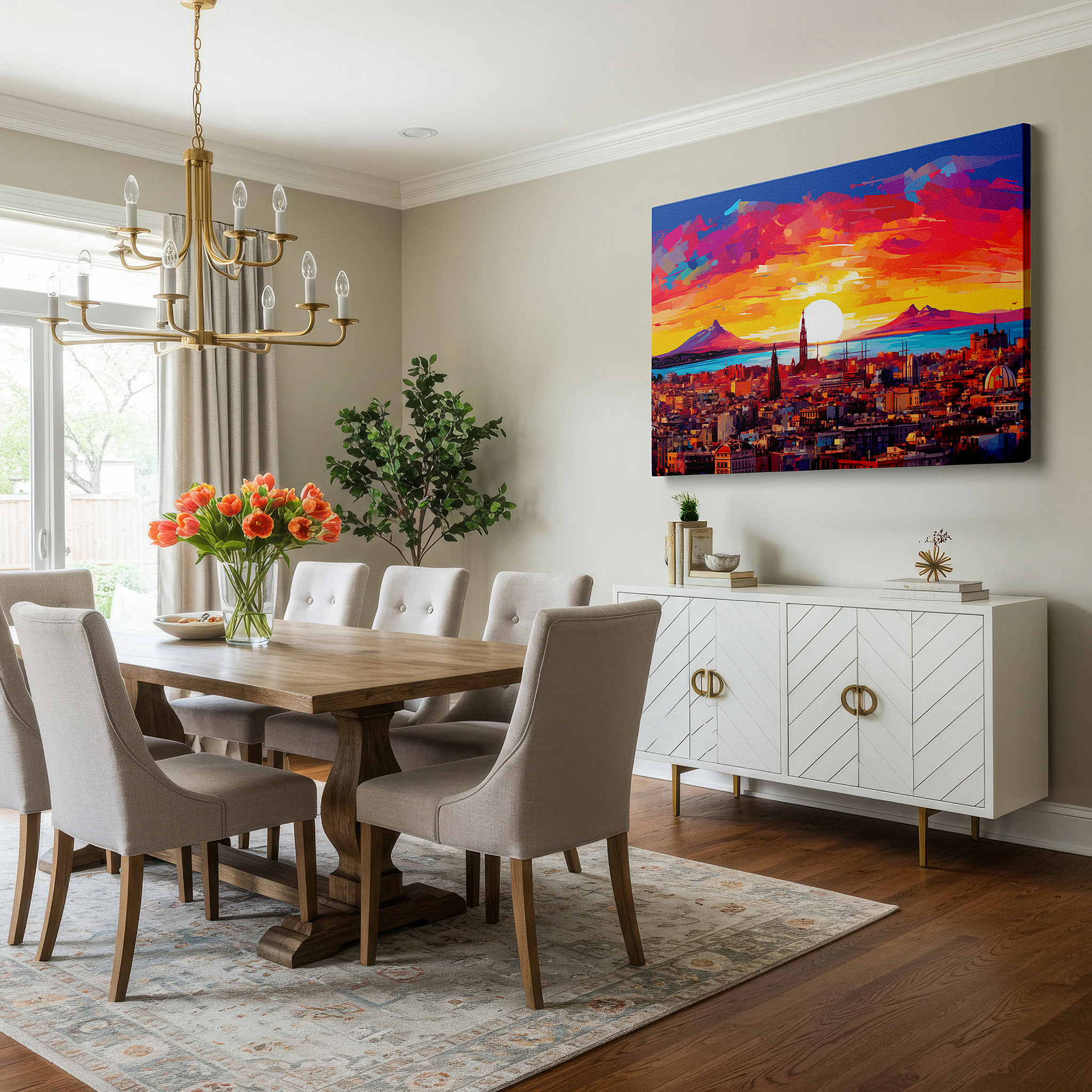 Close-up shows rich pigment, color blending, and brushwork texture — sunset and cityscape against majestic mountains - a perfect fusion of natural and urban vibes large wall art, canvas wall art, wall decor for office