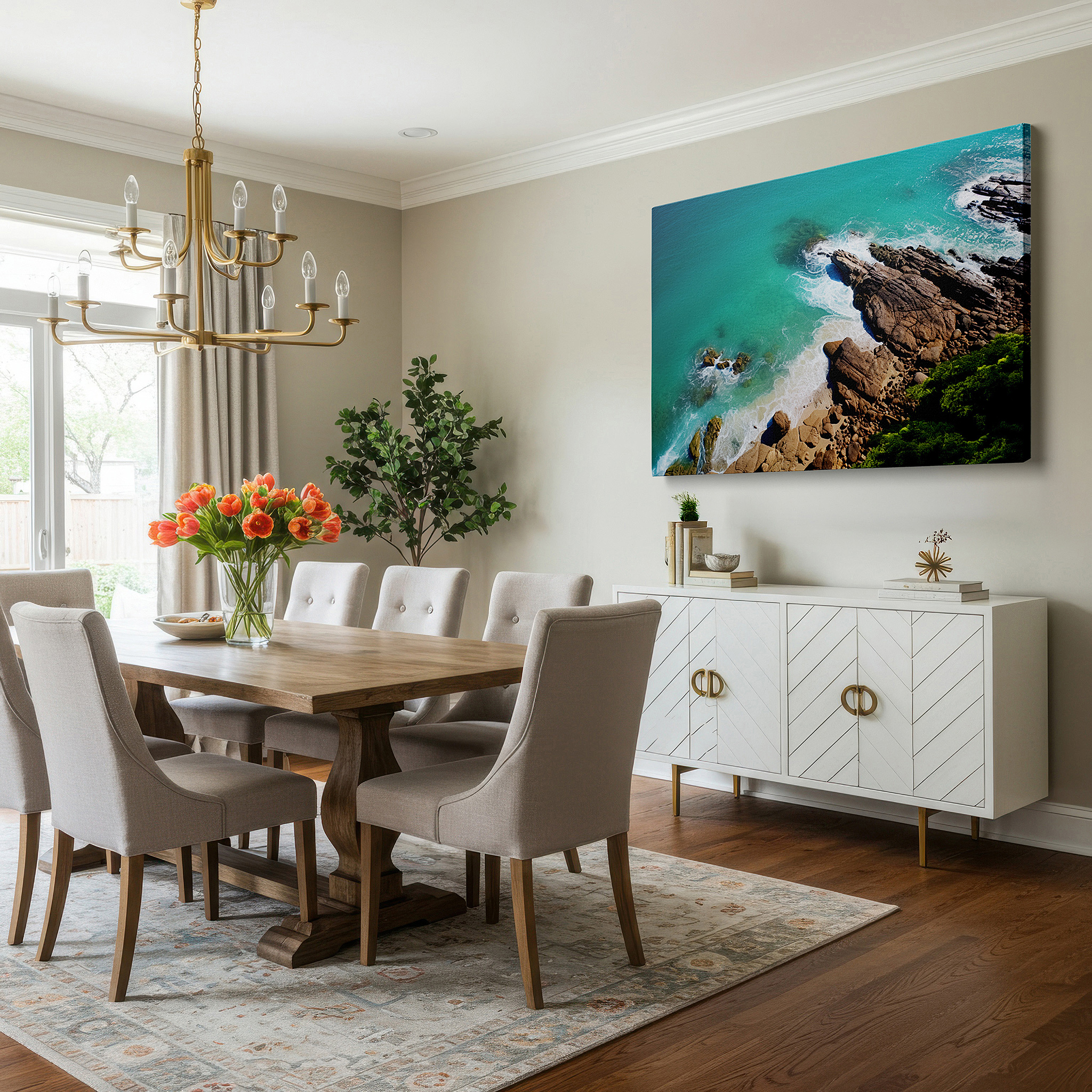 Close-up shows rich pigment, color blending, and brushwork texture — tranquil nature's symphony: turquoise waters and rocky shores large wall art, canvas decor for office, bedroom, and living spaces