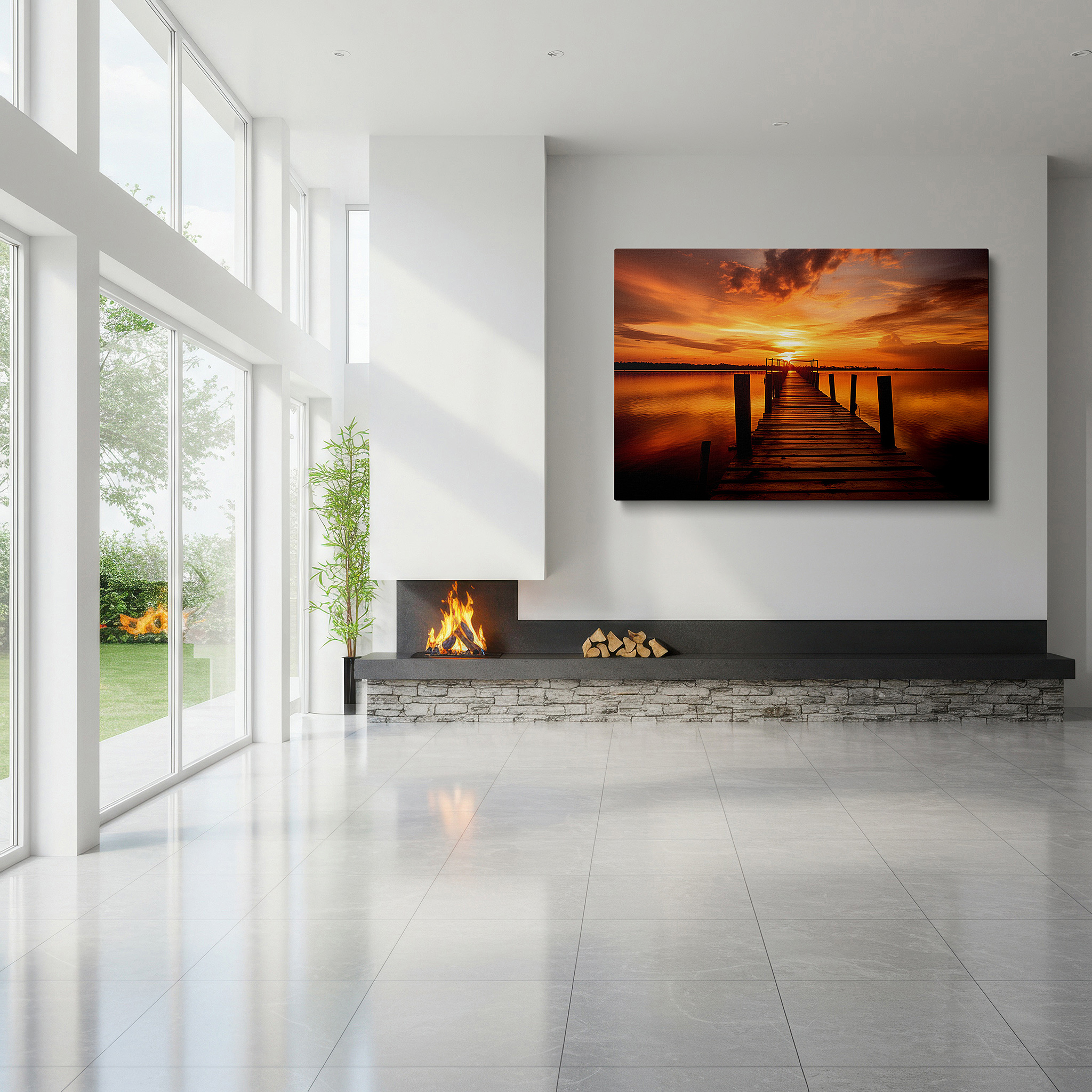 Close-up shows rich pigment, color blending, and brushwork texture — tranquil sunset and weathered dock wall art: serene nature reflections - large canvas for home and office decor, perfect for bedrooms