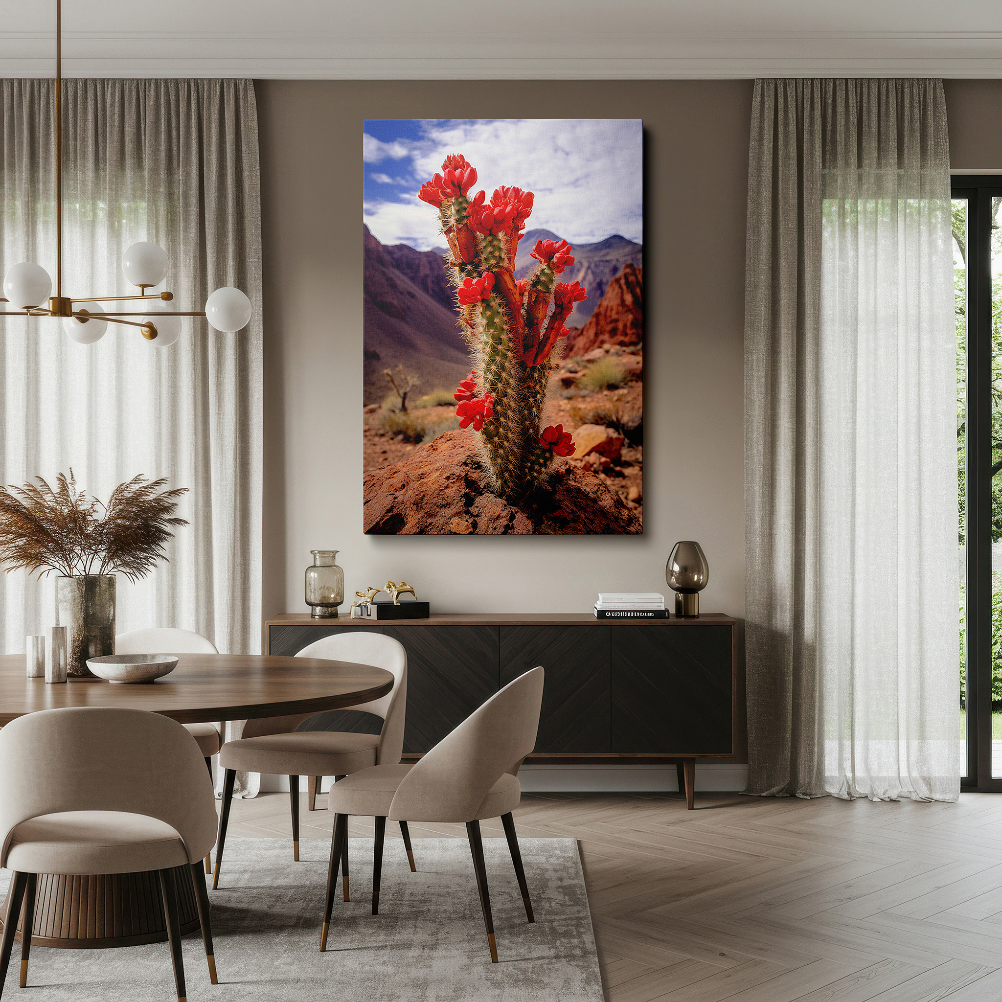 Close-up shows rich pigment, color blending, and brushwork texture — vivid red cactus flowers set against a peaceful desert scene, representing resilience and beauty - large wall art, canvas wall art, wall decor for office
