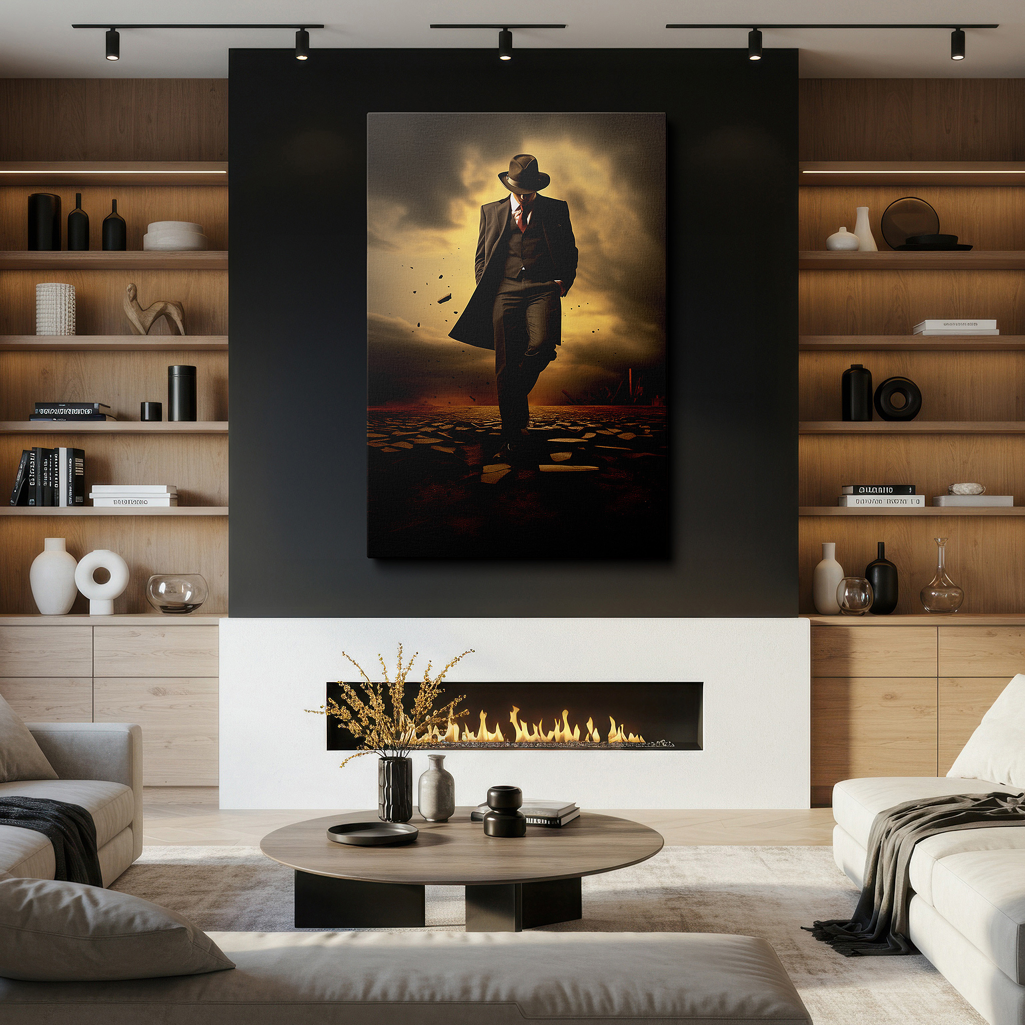 Close-up shows rich pigment, color blending, and brushwork texture — wall art: "civilization meets nature" - man in suit against stormy wilderness scene, large canvas wall art for office decor