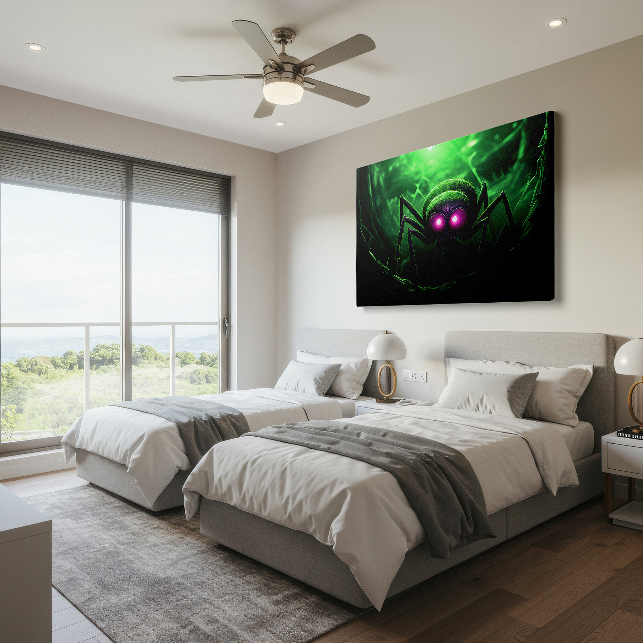 Close-up shows rich pigment, color blending, and brushwork texture — wall art: large hyper-realistic menacing spider with glowing eyes and shadowy ambiance - canvas wall art for office and bedroom decor
