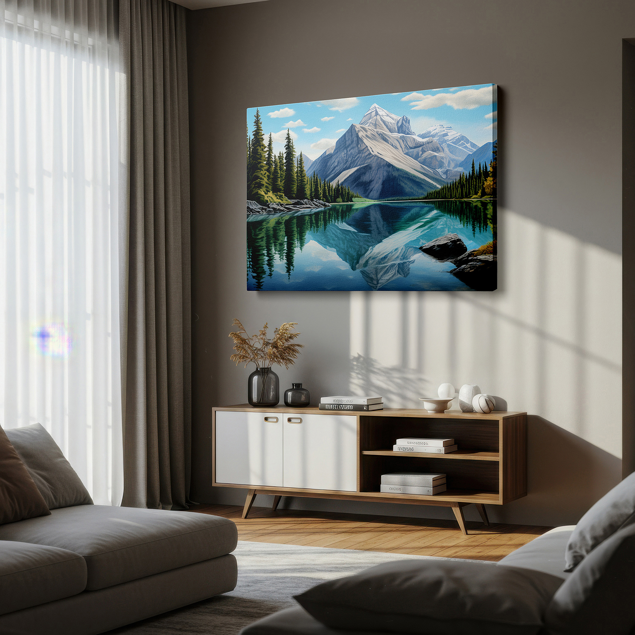Close-up shows rich pigment, color blending, and brushwork texture — wall art: majestic mountains and reflective lake surrounded by lush coniferous trees - large canvas wall art for office and bedroom decor