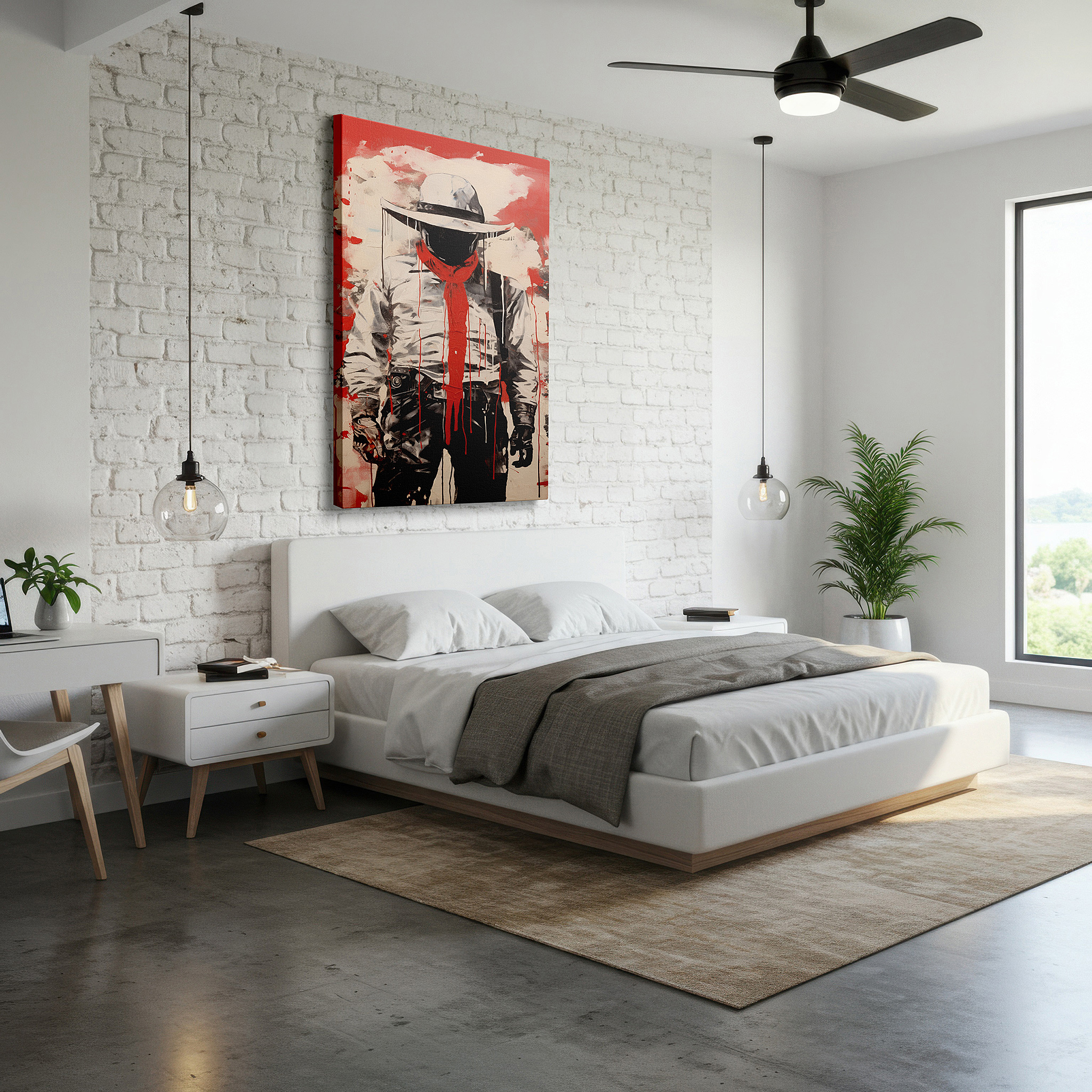 Close-up shows rich pigment, color blending, and brushwork texture — wall art: modern cowboy silhouette in red and black - embrace the wild west mystique with this large canvas wall art for home or office decor.