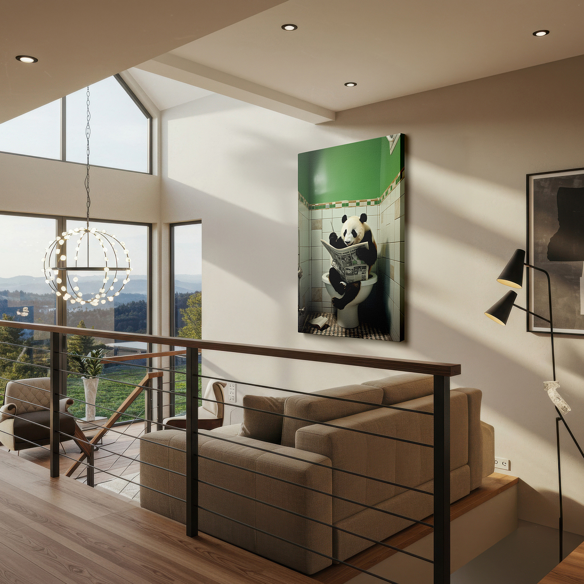 Close-up shows rich pigment, color blending, and brushwork texture — wall art: "serene panda's humorous retreat" - large canvas featuring a panda in a human-like pose for office, bedroom, or living room decor