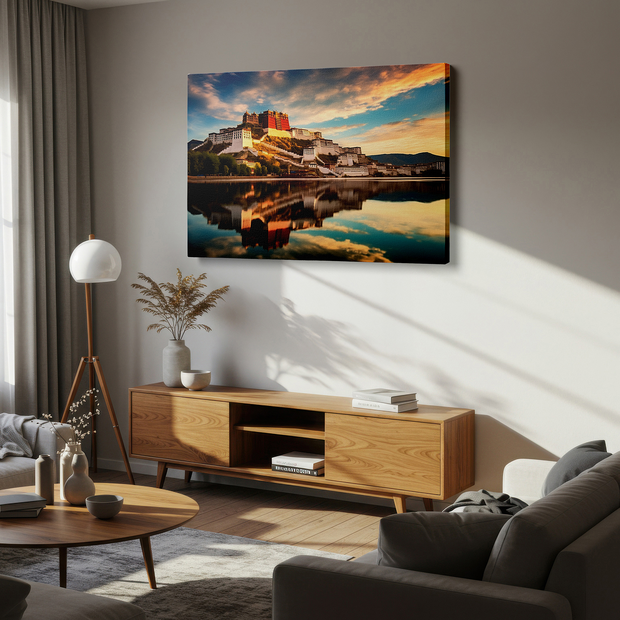 Close-up shows rich pigment, color blending, and brushwork texture — wall art: serene sunset at potala palace over lhasa waters - large canvas for home and office decor, perfect for living room and bedroom