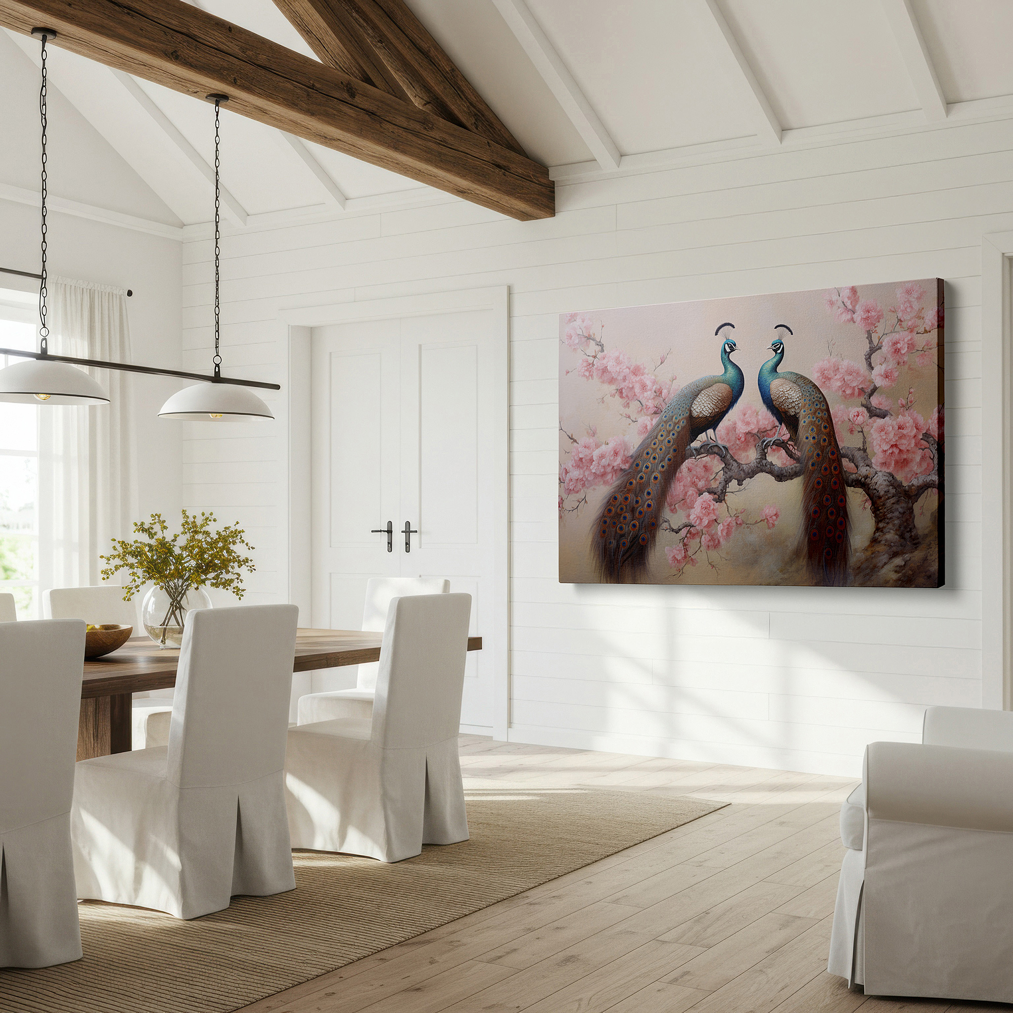 Close-up shows rich pigment, color blending, and brushwork texture — wall decor: elegant peacocks and cherry blossoms, symbols of beauty and rebirth - large canvas art for home and office