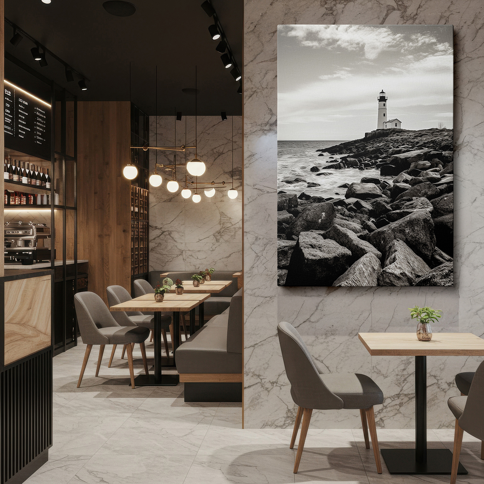 Close-up shows rich pigment, color blending, and brushwork texture — wall decor: majestic lighthouse on rugged coastline - black and white contrast with maritime charm, large canvas wall art for home and office decor