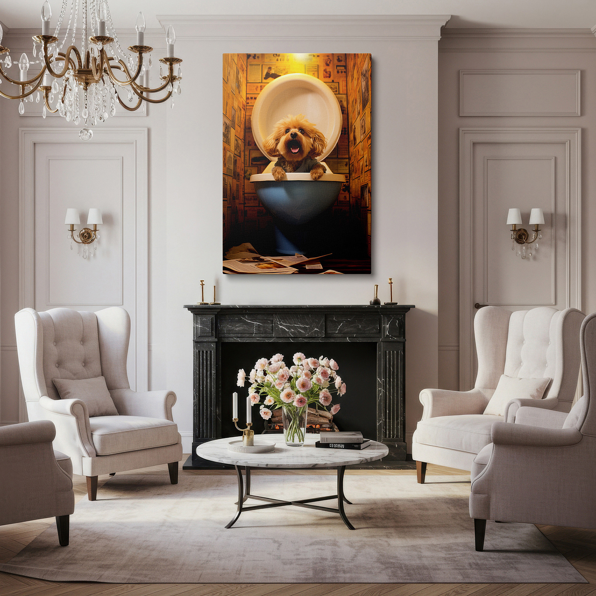 Close-up shows rich pigment, color blending, and brushwork texture — wall decor: playful dog in pastel - peeking from a toilet, large canvas art for home and office