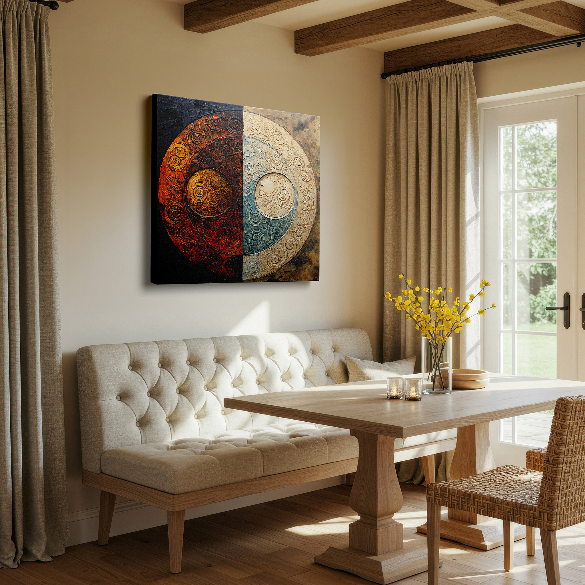 Close-up shows rich pigment, color blending, and brushwork texture — wall decor: a vibrant fusion of earthy and aquatic hues celebrating nature's dual aspects - large canvas art for home and office decor