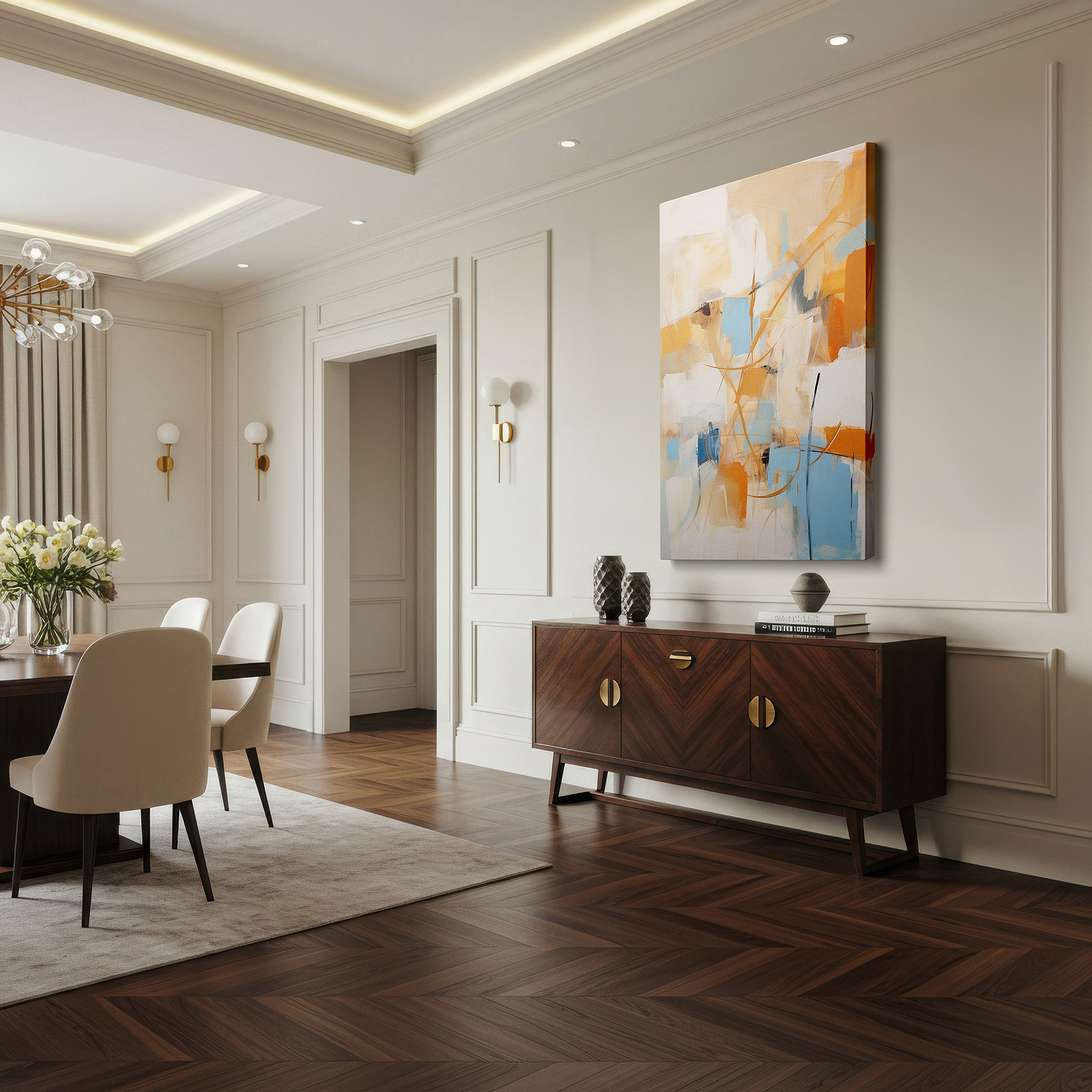 Close-up shows rich pigment, color blending, and brushwork texture — warm earthy tones and dynamic abstract lines: large canvas wall art for office and bedroom decor