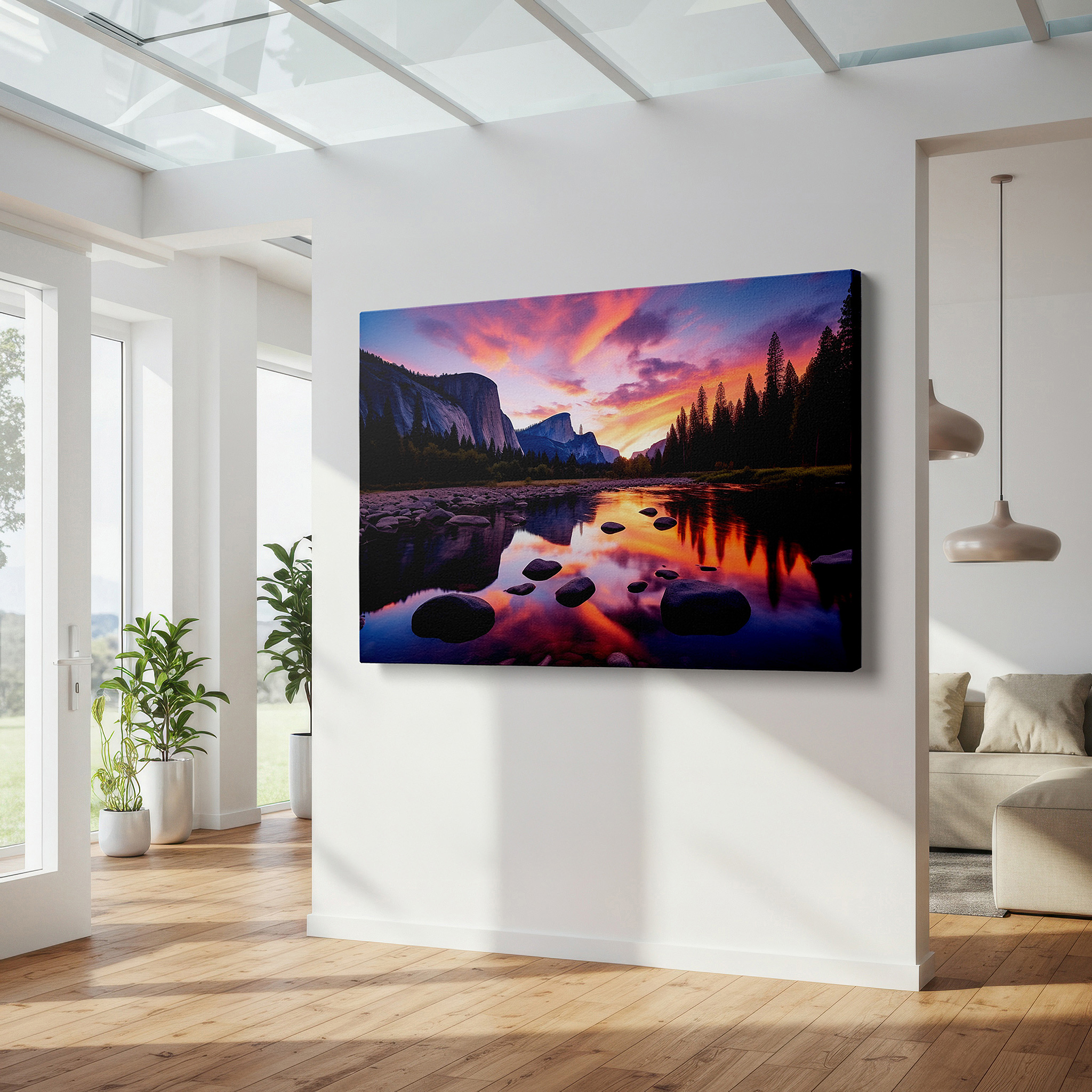 Close-up shows rich pigment, color blending, and brushwork texture — yosemite sunset serenity: large canvas wall art featuring a peaceful river scene - perfect for office, bedroom, or home decor