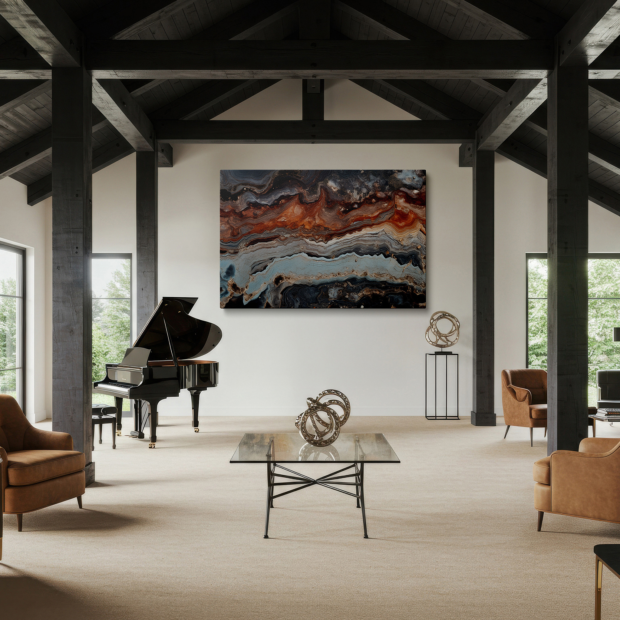 Displayed above a contemporary leather sofa in warm light — abstract harmony in earthy tones and textured patterns: large canvas wall art for office, bedroom, and living room decor