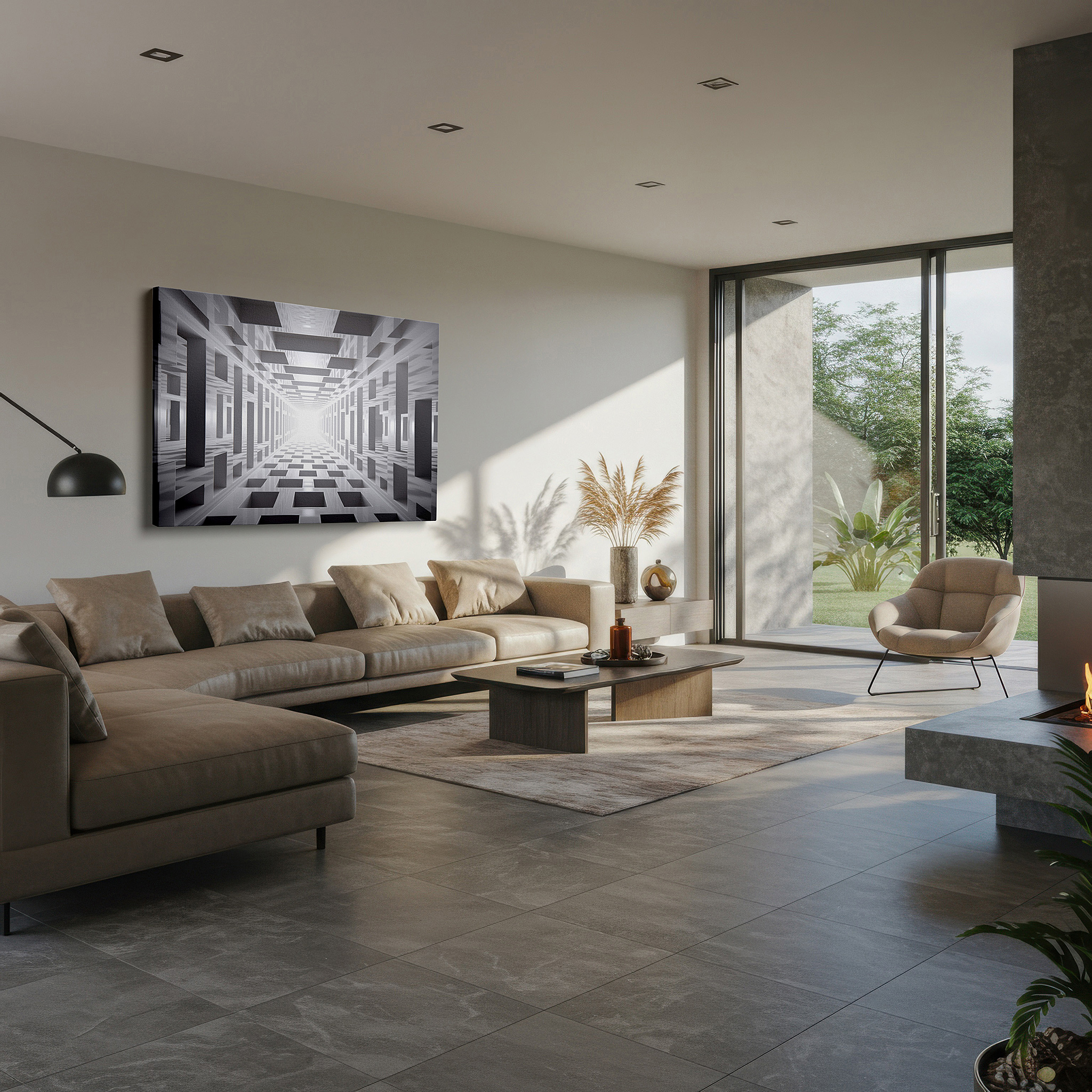 Displayed above a contemporary leather sofa in warm light — abstract tunnel of light and shadow: a journey of curiosity and reflection - large canvas wall art for office decor