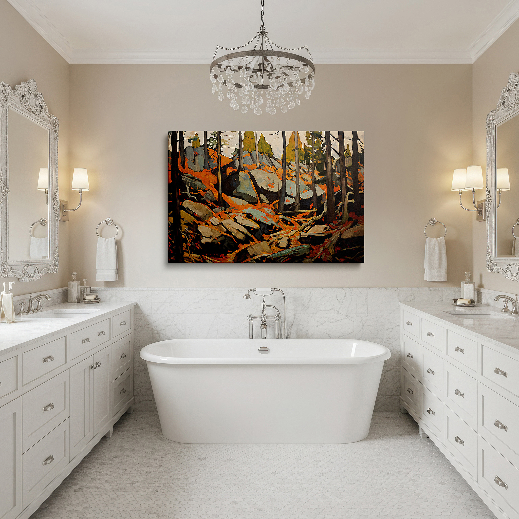 Displayed above a contemporary leather sofa in warm light — autumn forest scene with vibrant leaves and sunlit treetops - large canvas wall art for office, bedroom, and living room decor