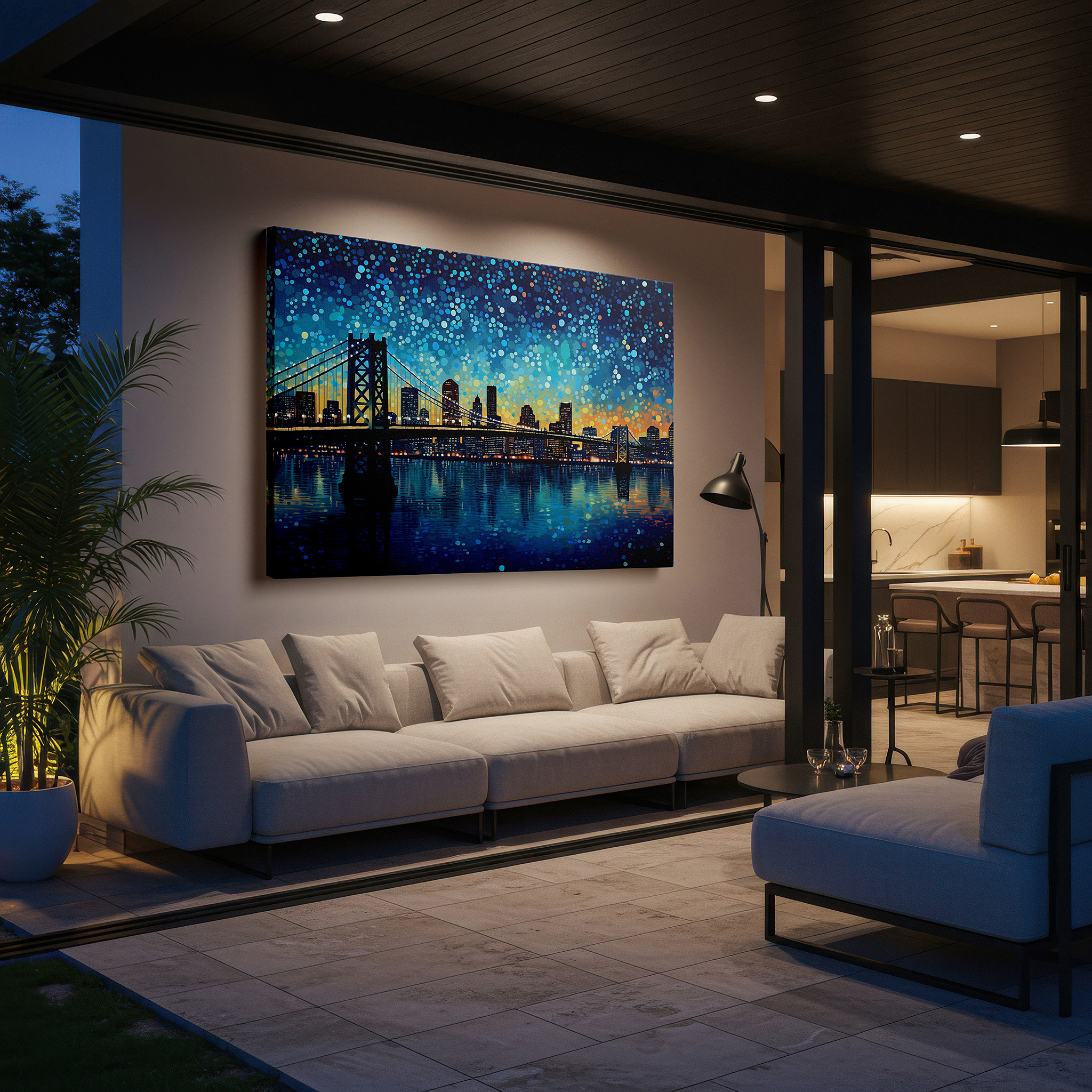 Displayed above a contemporary leather sofa in warm light — bay bridge and city skyline nighttime splendor large canvas wall art for office, bedroom, and living room decor