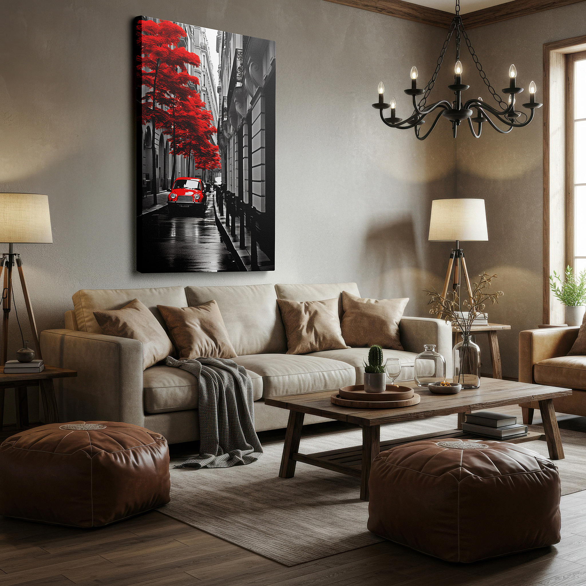 Displayed above a contemporary leather sofa in warm light — canvas print on wrapped canvas for wall decor – imagine a wall art that captures the essence of paris in a way that is both unique and enchantingly beautiful.