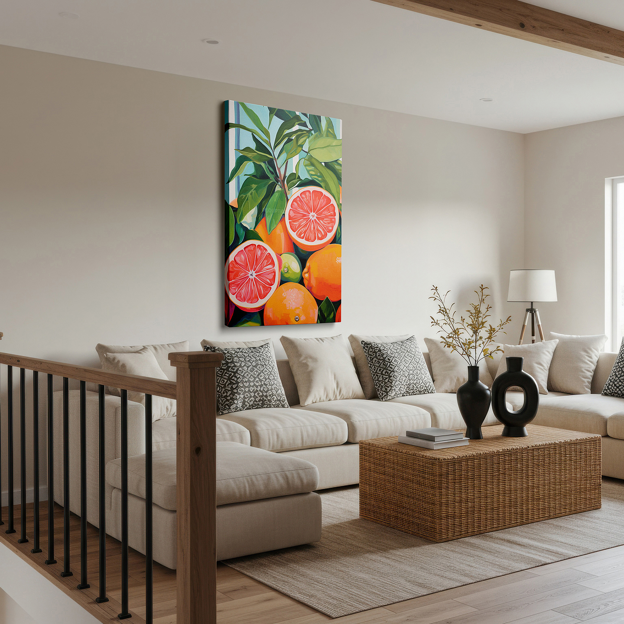 Displayed above a contemporary leather sofa in warm light — citrus splendor amidst greenery: a vibrant display of oranges and grapefruits - large canvas wall art for home and office decor