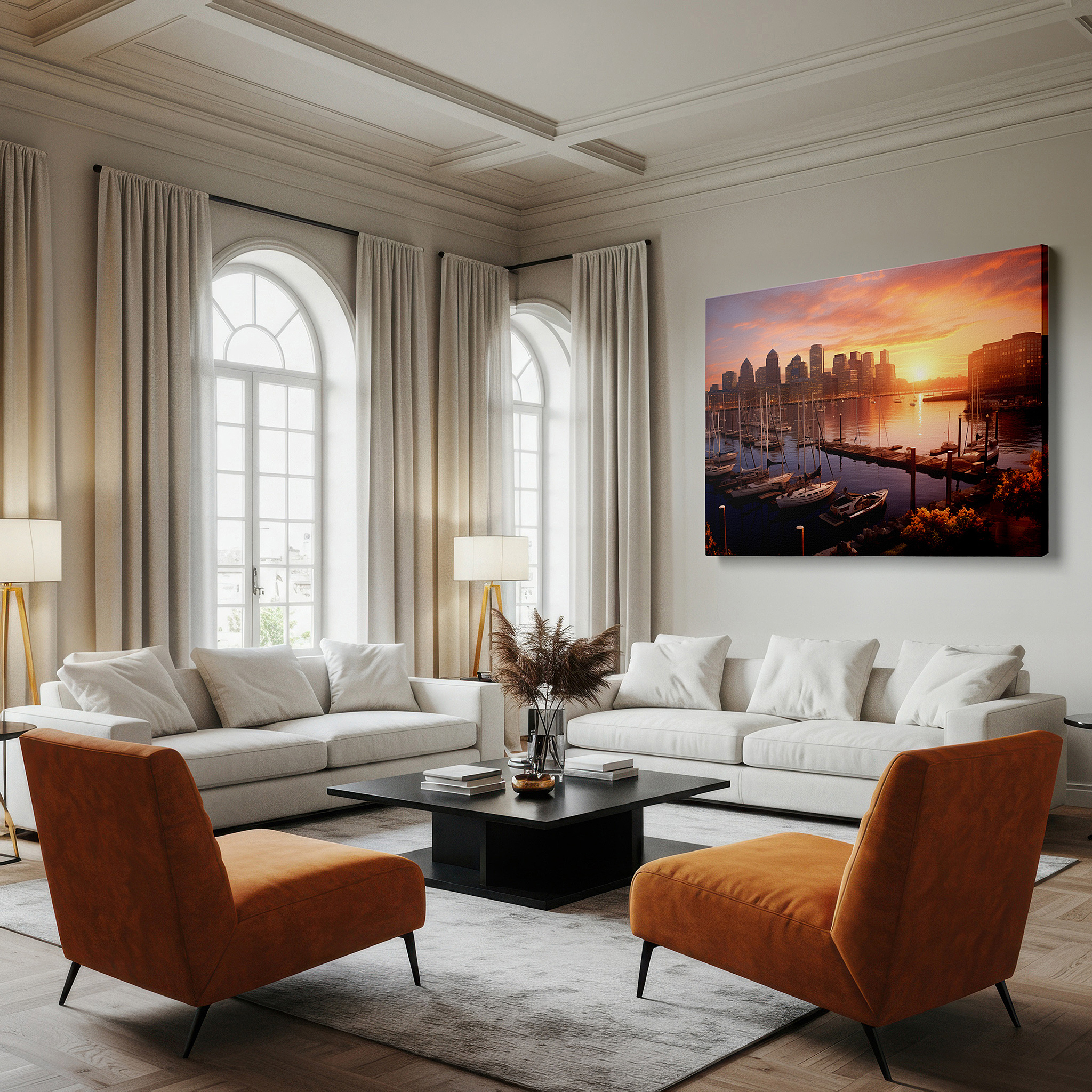 Displayed above a contemporary leather sofa in warm light — city sunrise - a fusion of modern and traditional architectures, large canvas wall art for office decor