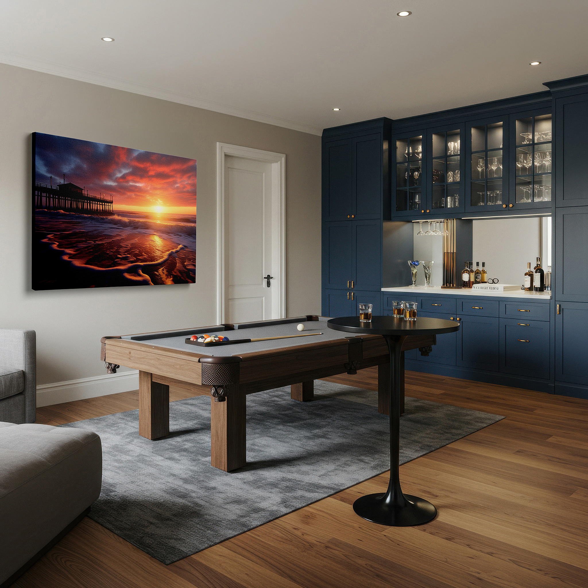 Displayed above a contemporary leather sofa in warm light — coastal pier sunset - serene seaside journey large canvas wall art for home and office decor