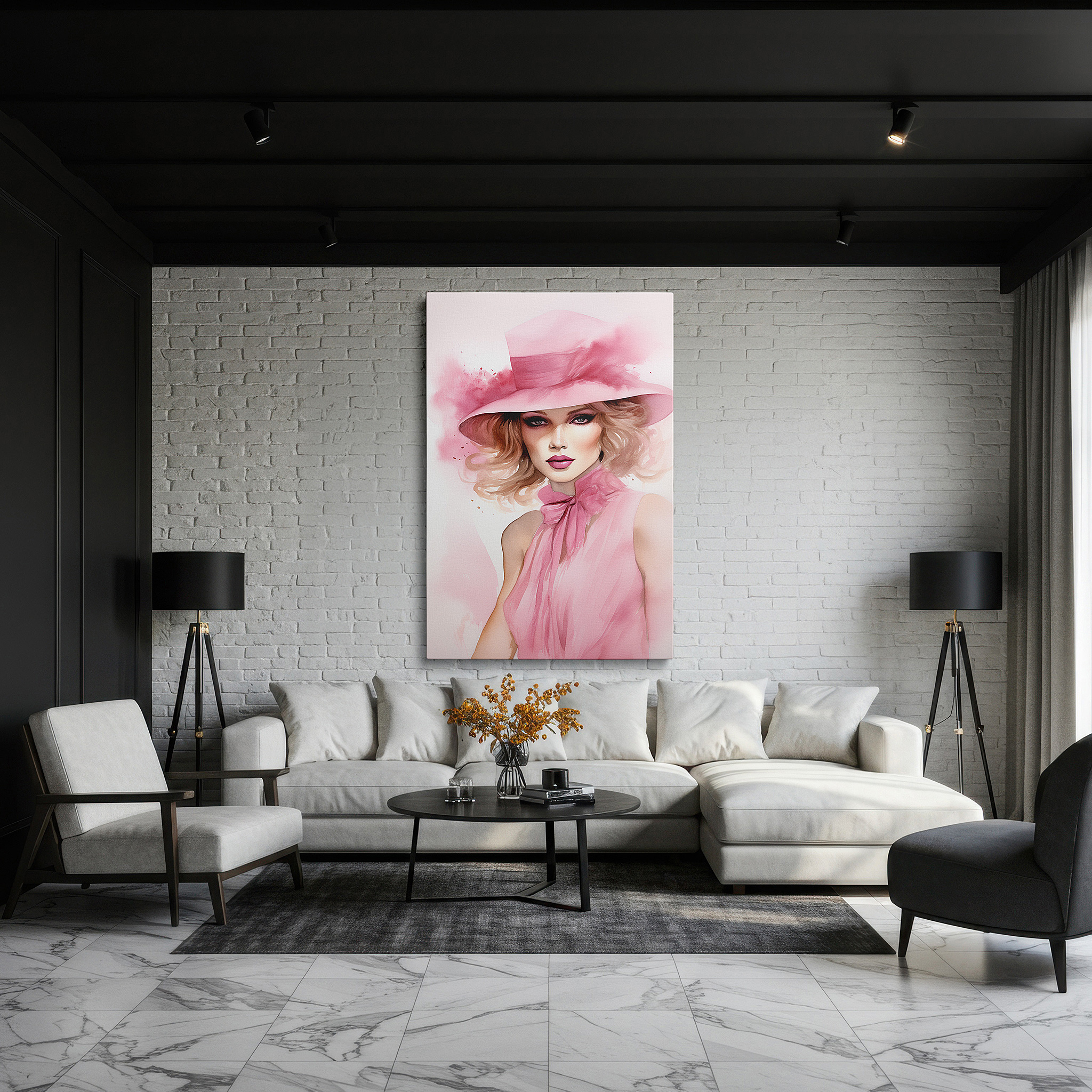 Displayed above a contemporary leather sofa in warm light — contemporary feminine elegance in pink: a portrait of confidence and style - large canvas wall art for office and bedroom decor