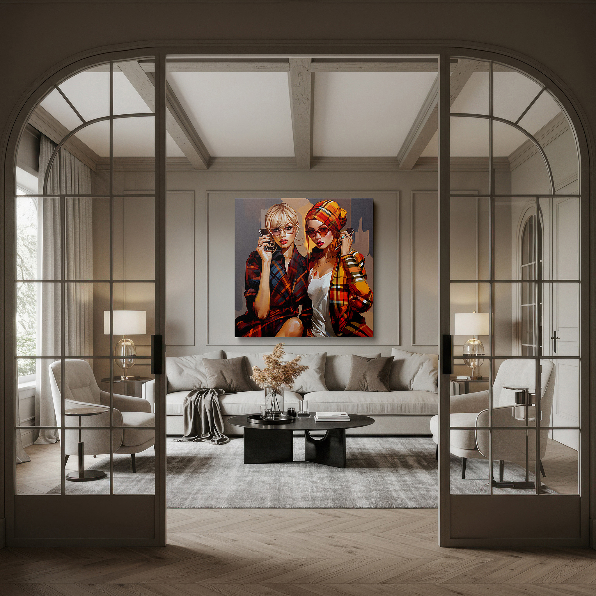 Displayed above a contemporary leather sofa in warm light — contemporary style and personal expression in plaid: a dynamic dialogue among fashionable women - large wall art, canvas wall art, wall decor for office
